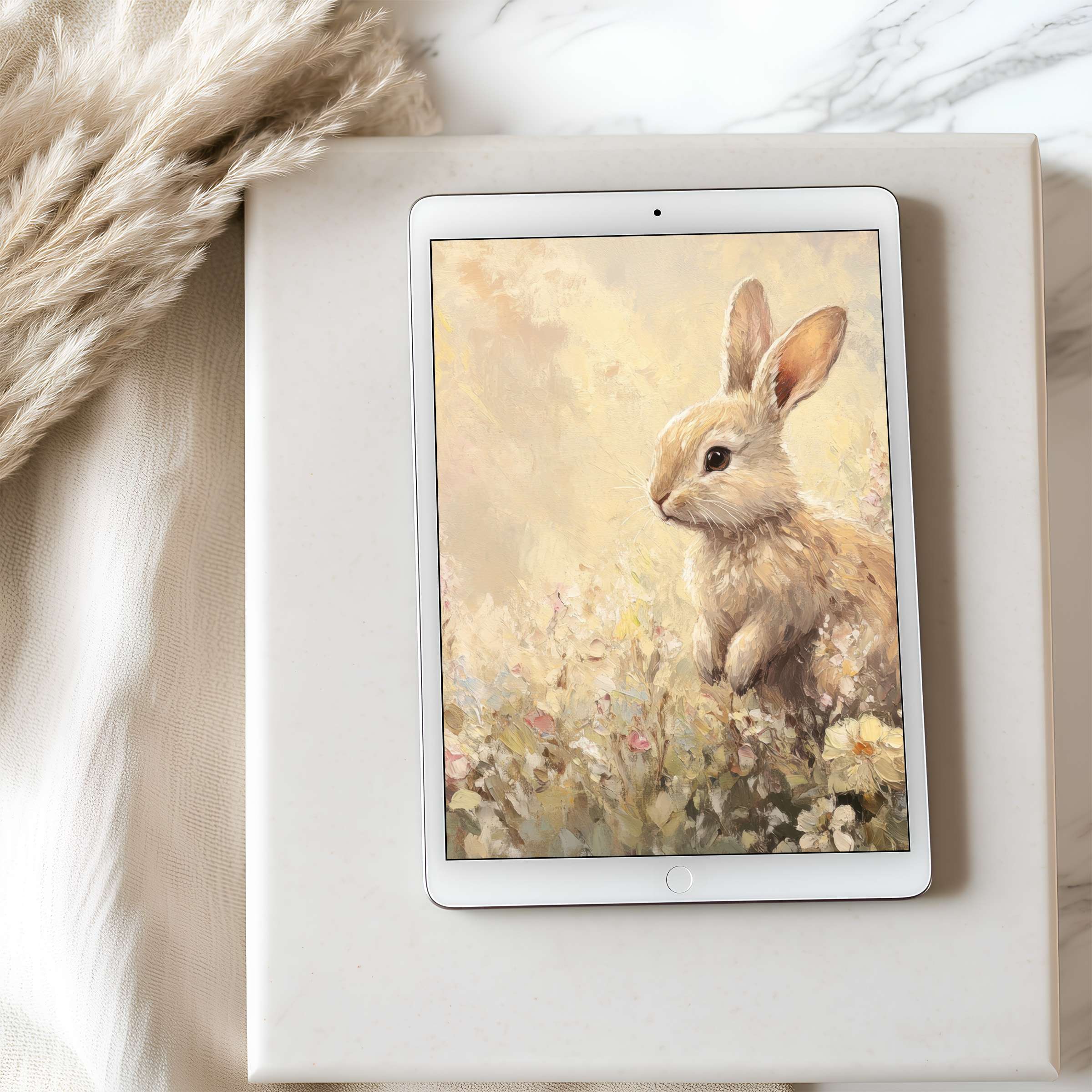 Elegant tablet wallpaper featuring a serene rabbit in soft, earthy pastels, ideal for iPad and Android tablets, digital download