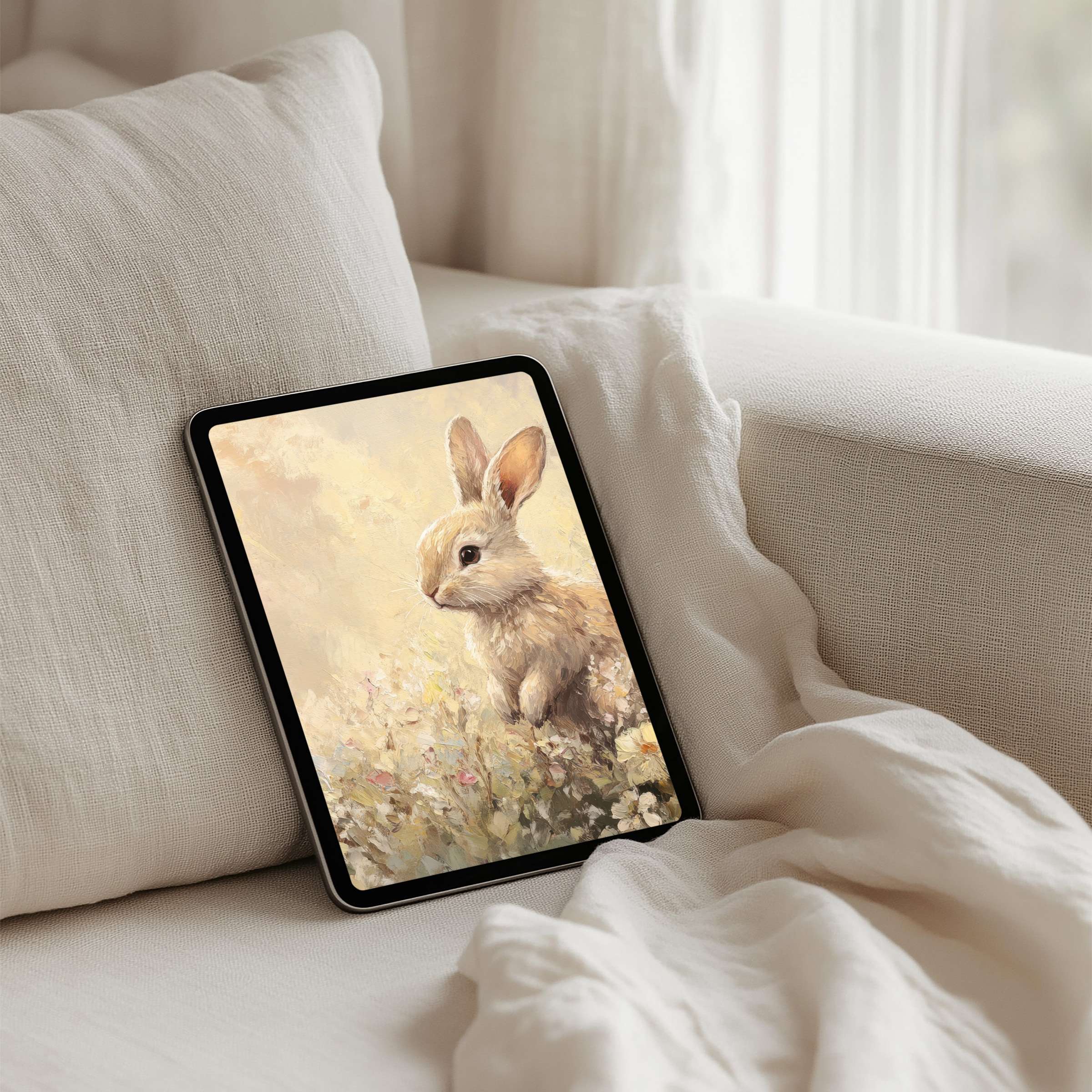 Serene bunny art for iPad background instantly downloadable for tablets evokes calm elegance and mindful inspiration