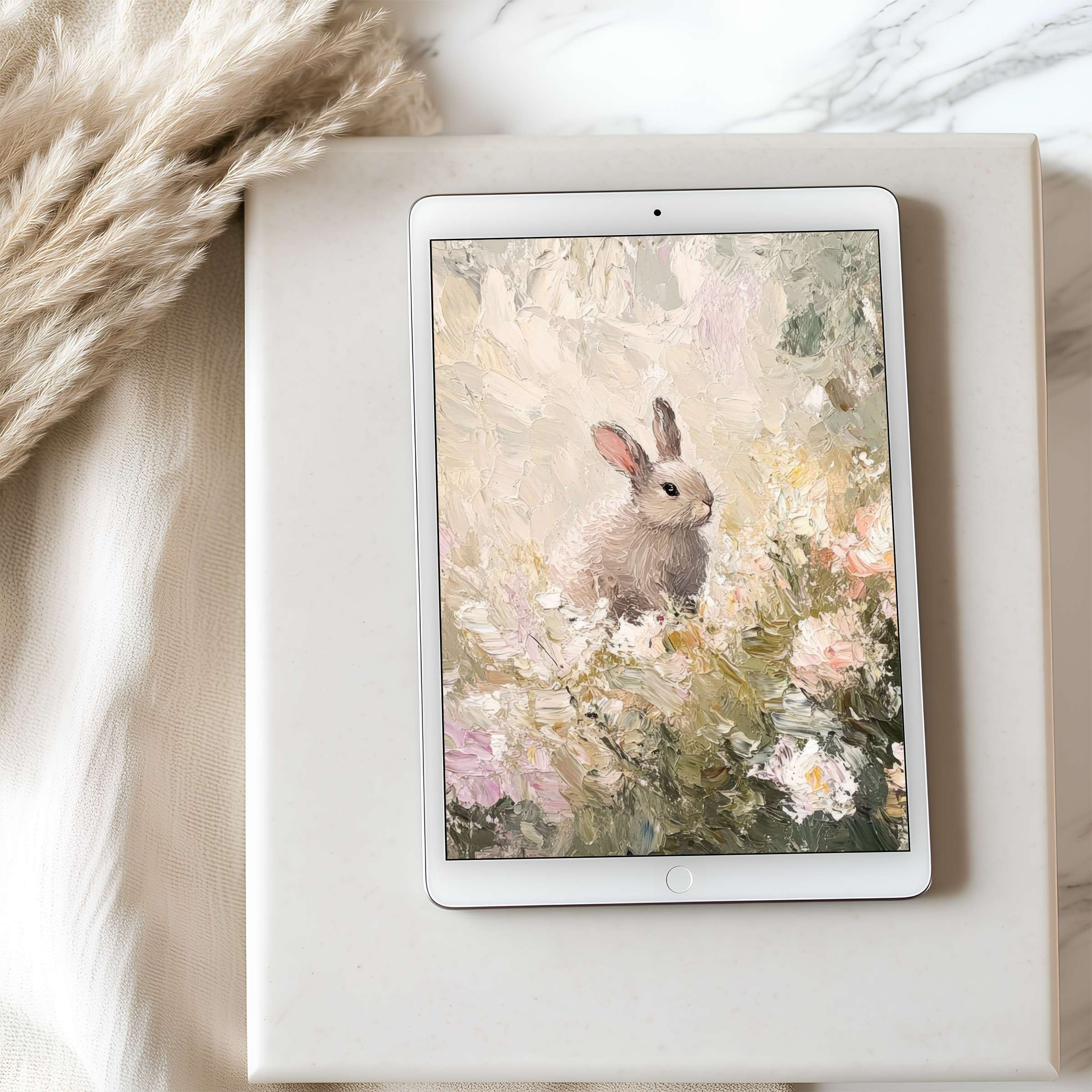 Elegant tablet wallpaper featuring a serene rabbit in pastel florals perfect for iPad high resolution digital download calming space