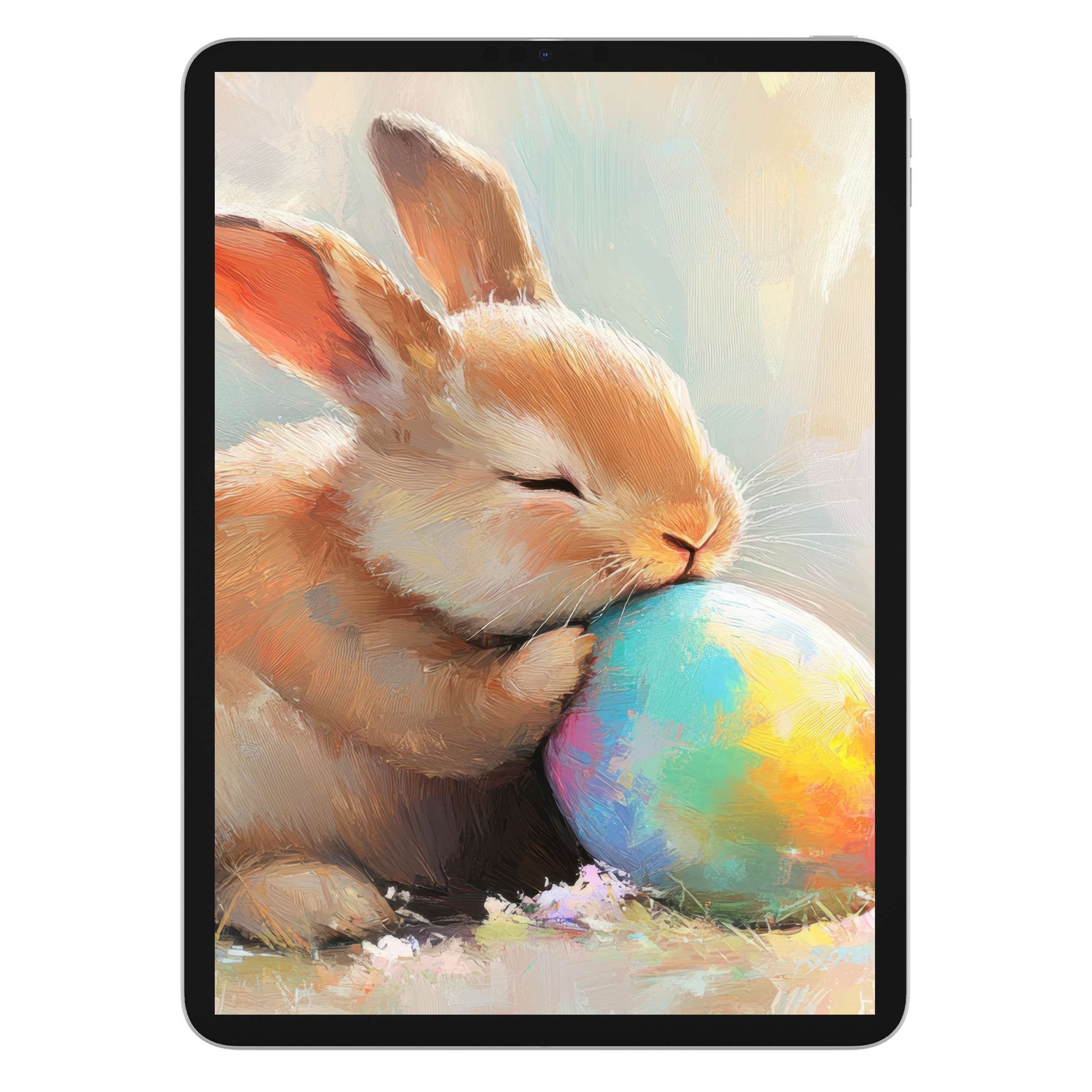 Easter iPad wallpaper featuring a serene bunny with a colorful egg artfully painted for tablet backgrounds digital download available