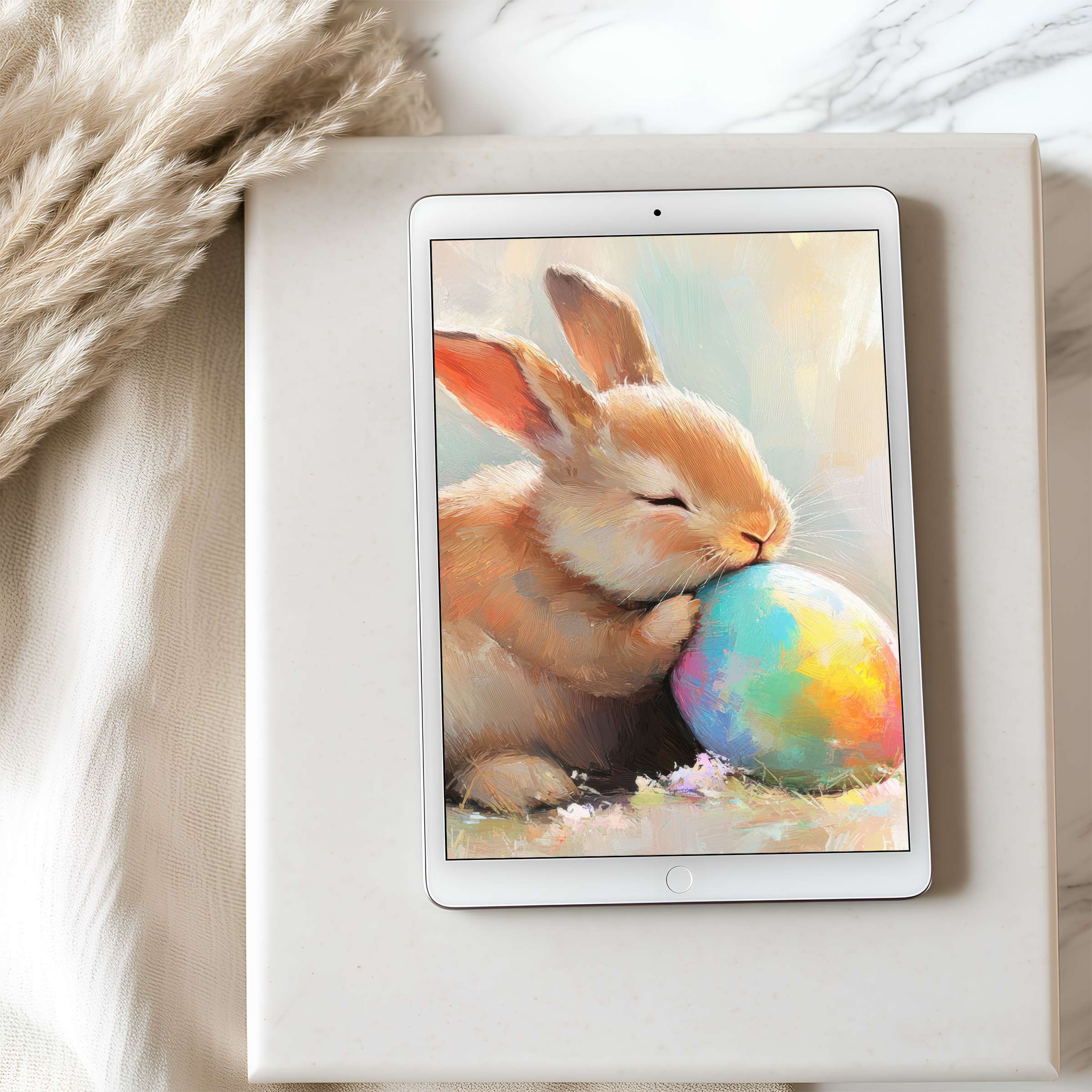 Elegant, high resolution tablet wallpaper depicting a serene bunny cradling a colorful egg, perfect for iPad and Android digital download