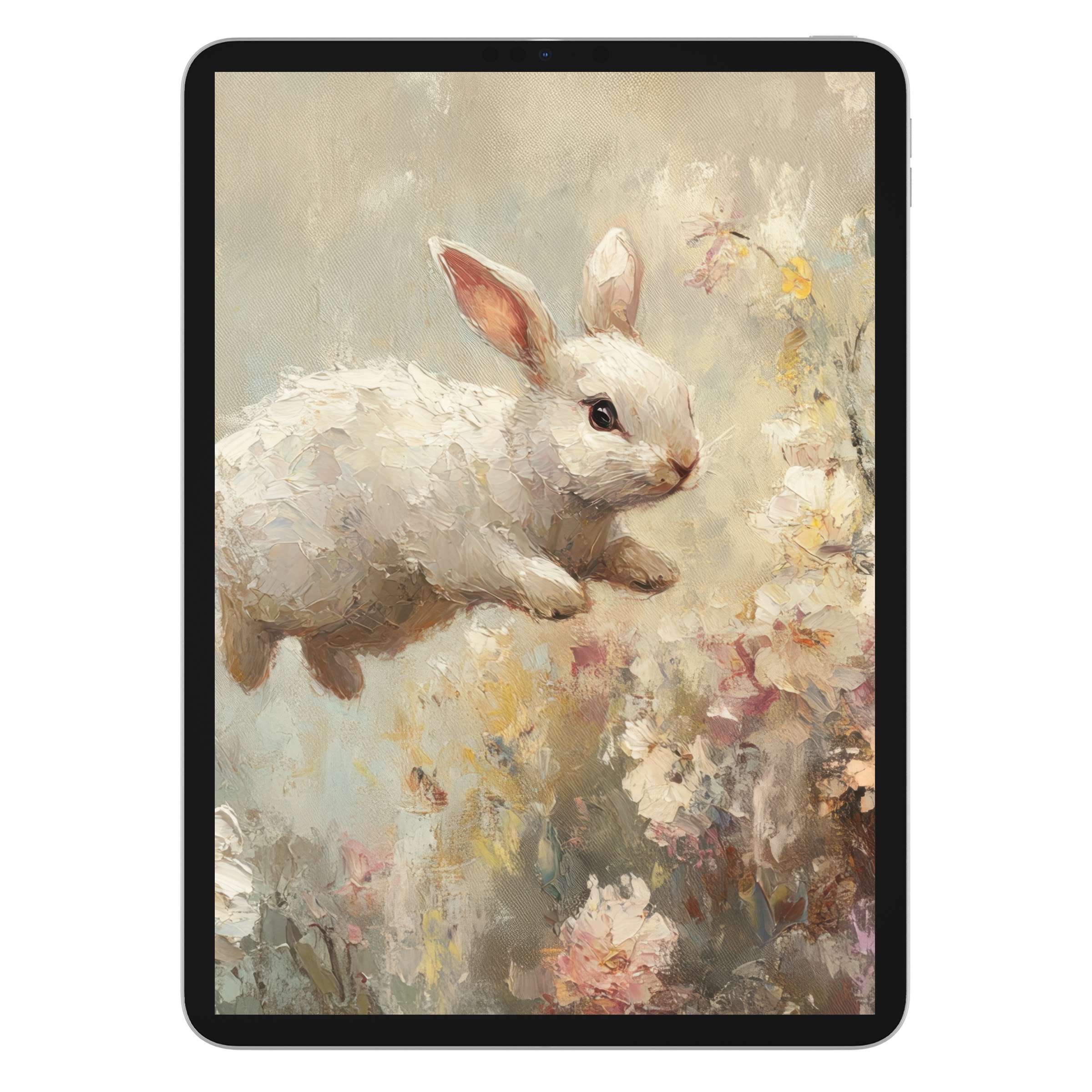 Elegant easter iPad wallpaper with a white rabbit in a serene floral backdrop digital download for tablet backgrounds