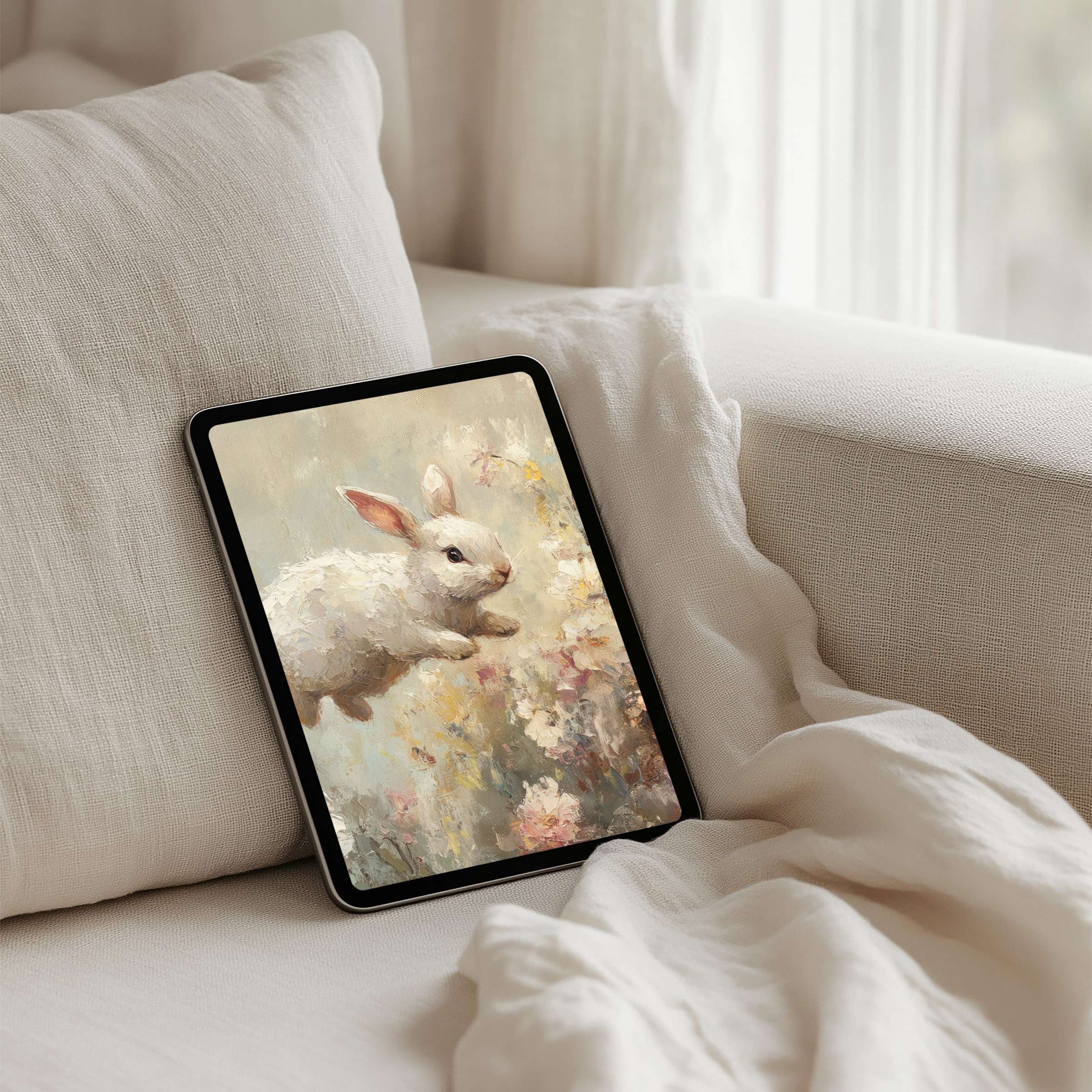 Elegant rabbit painting with soft tones offers a mindful iPad background for tablet users seeking calm inspiration via instant download