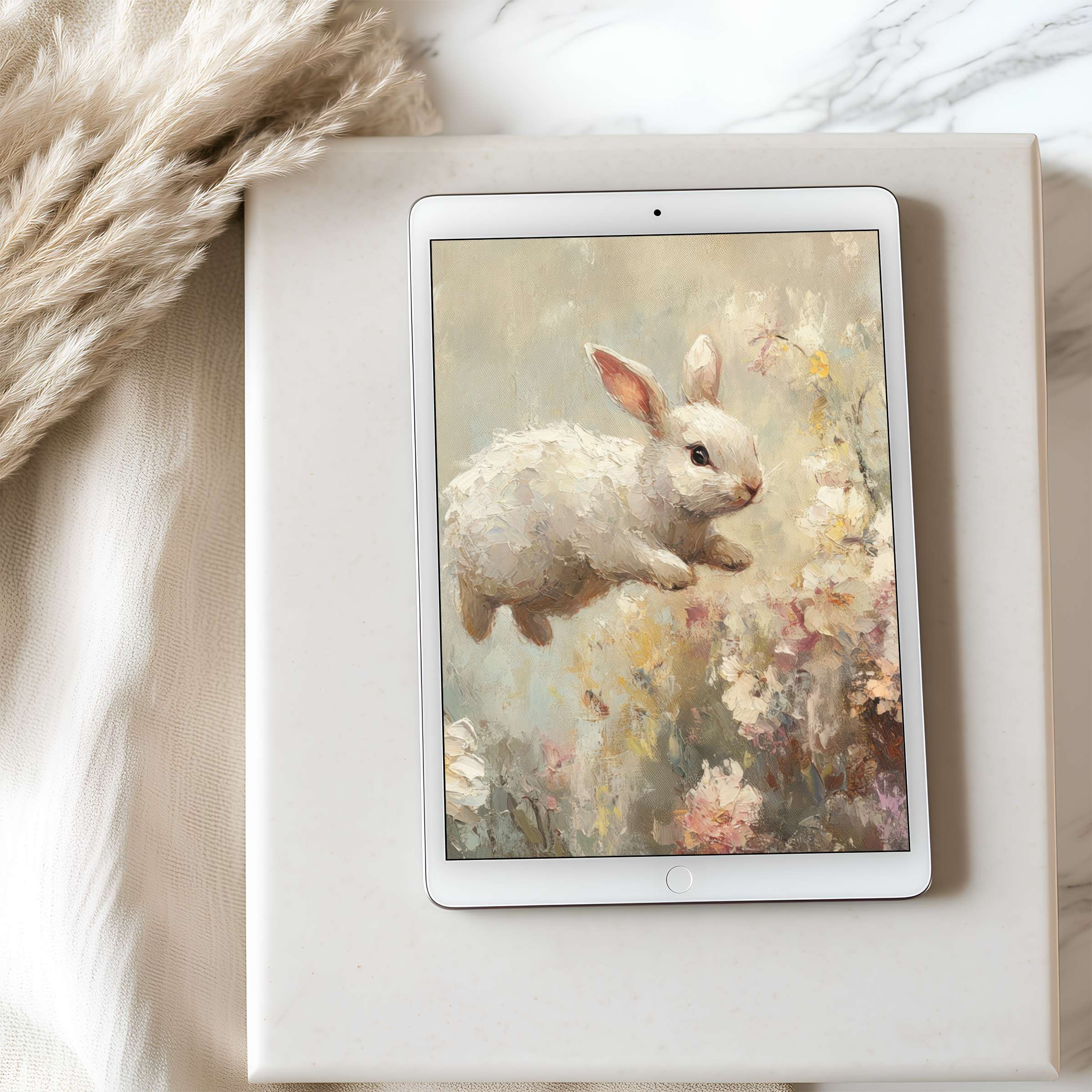 Elegant tablet wallpaper featuring a serene rabbit in a pastel floral setting, perfect high resolution for iPad and Android tablets