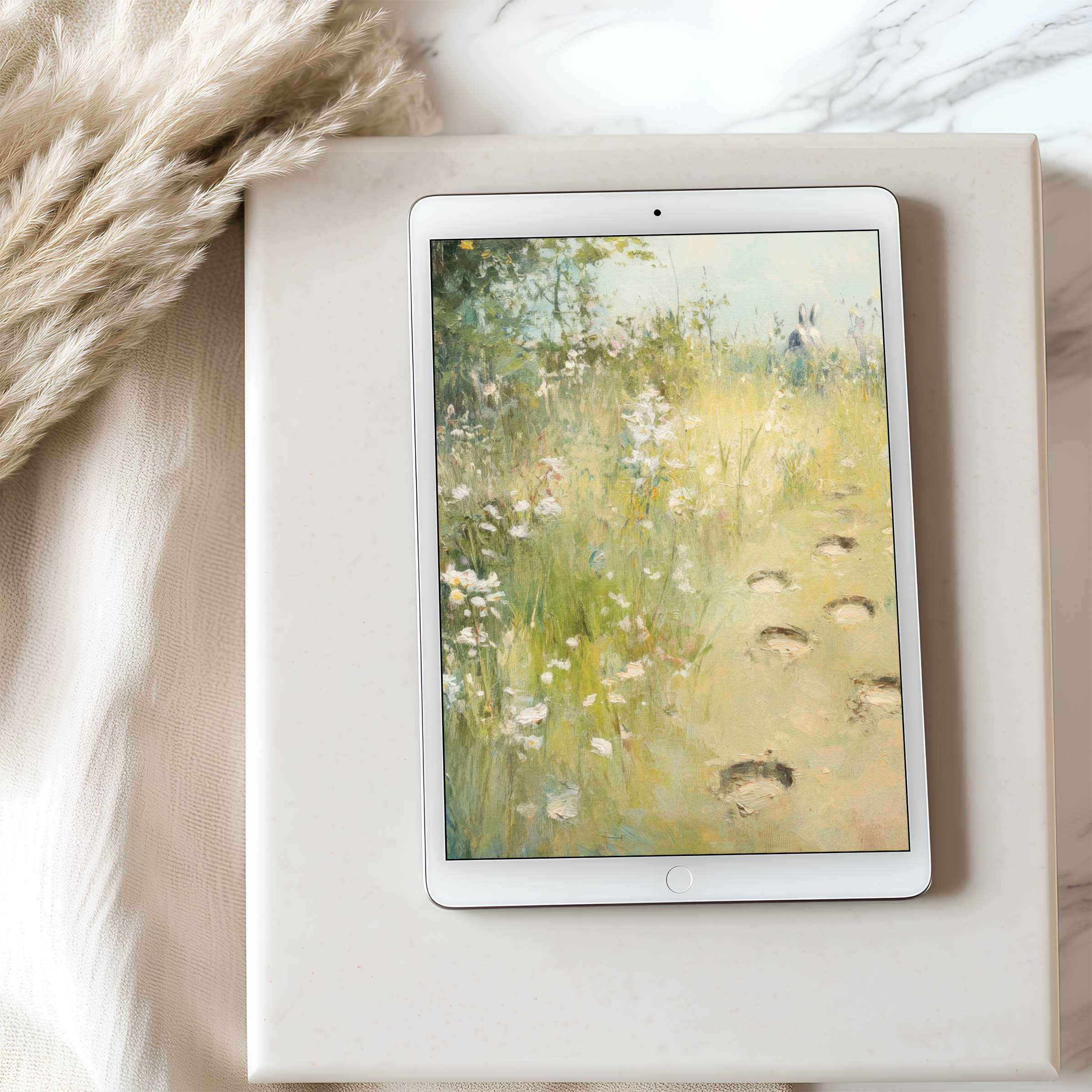 Elegant tablet wallpaper featuring serene meadow path, soft greens, and floral pastels; high resolution digital download for iPad and Android tablets