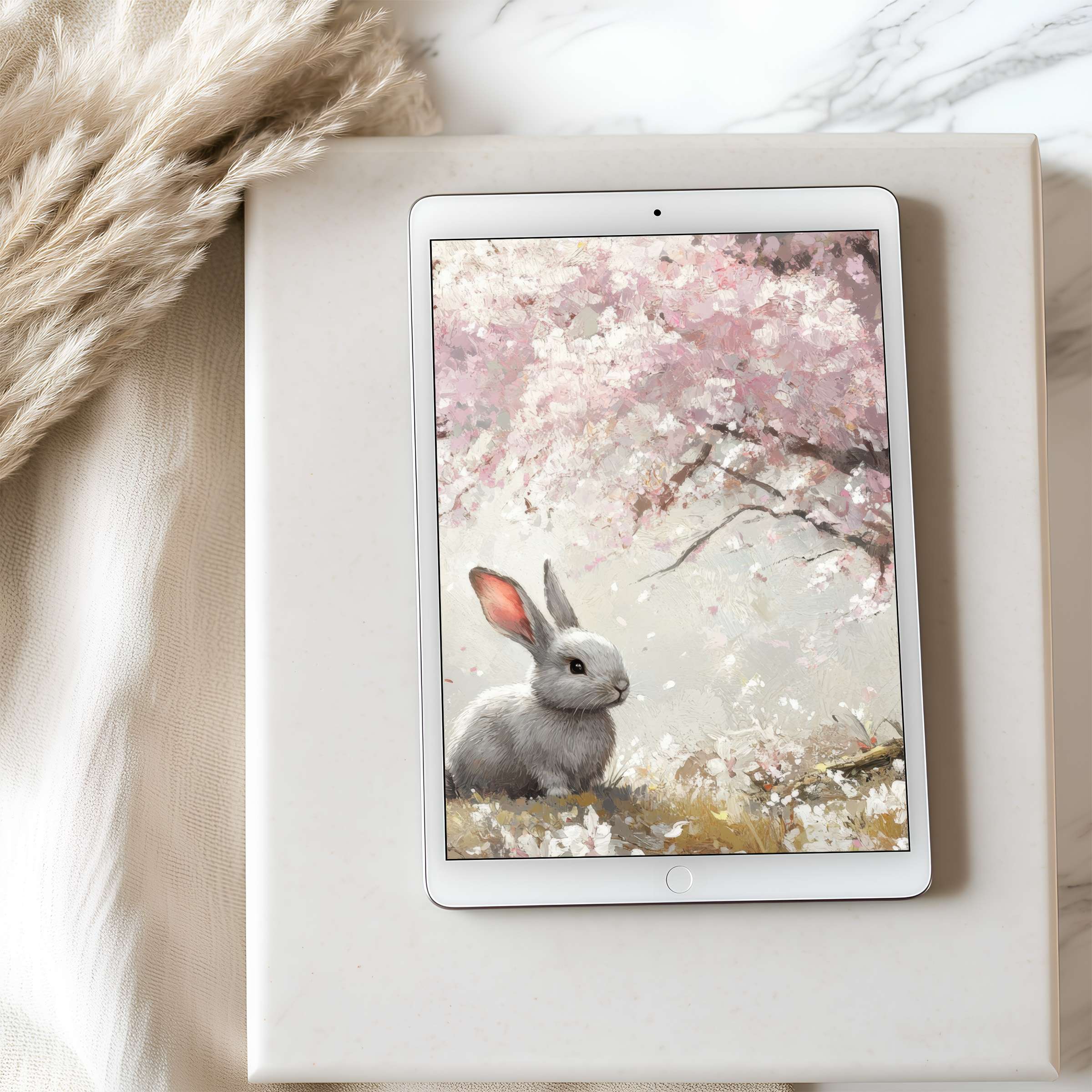 Elegant tablet wallpaper featuring a serene rabbit under cherry blossoms, perfect for iPad or Android tablets, digital download available