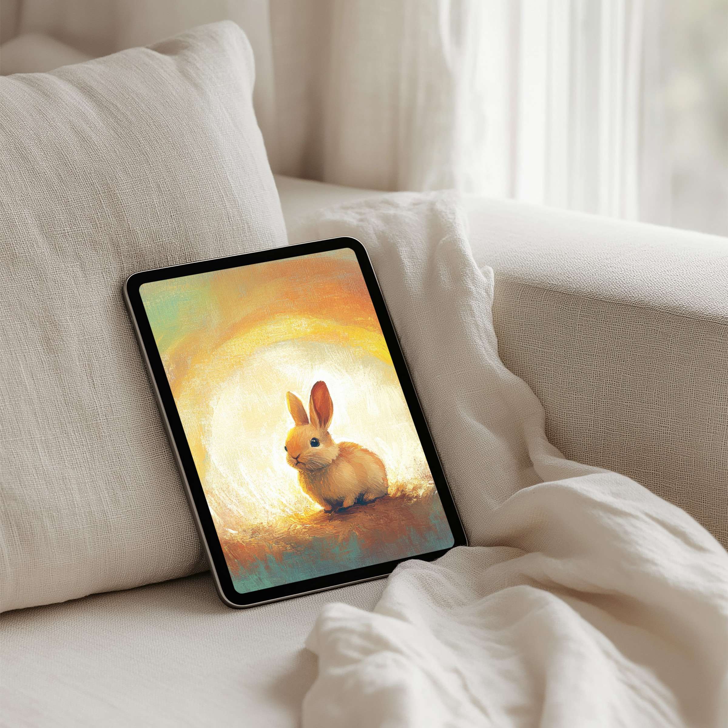 Ethereal bunny art iPad background for instant download infuses elegance into any tablet setting promoting calm elegance and mindfulness