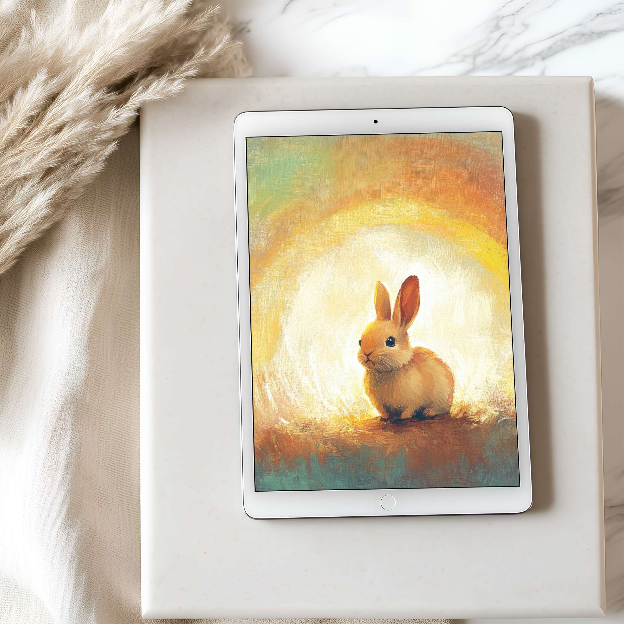 Elegant rabbit painting on tablet wallpaper evokes serenity with warm hues, ideal for iPad or Android tablets, high resolution download