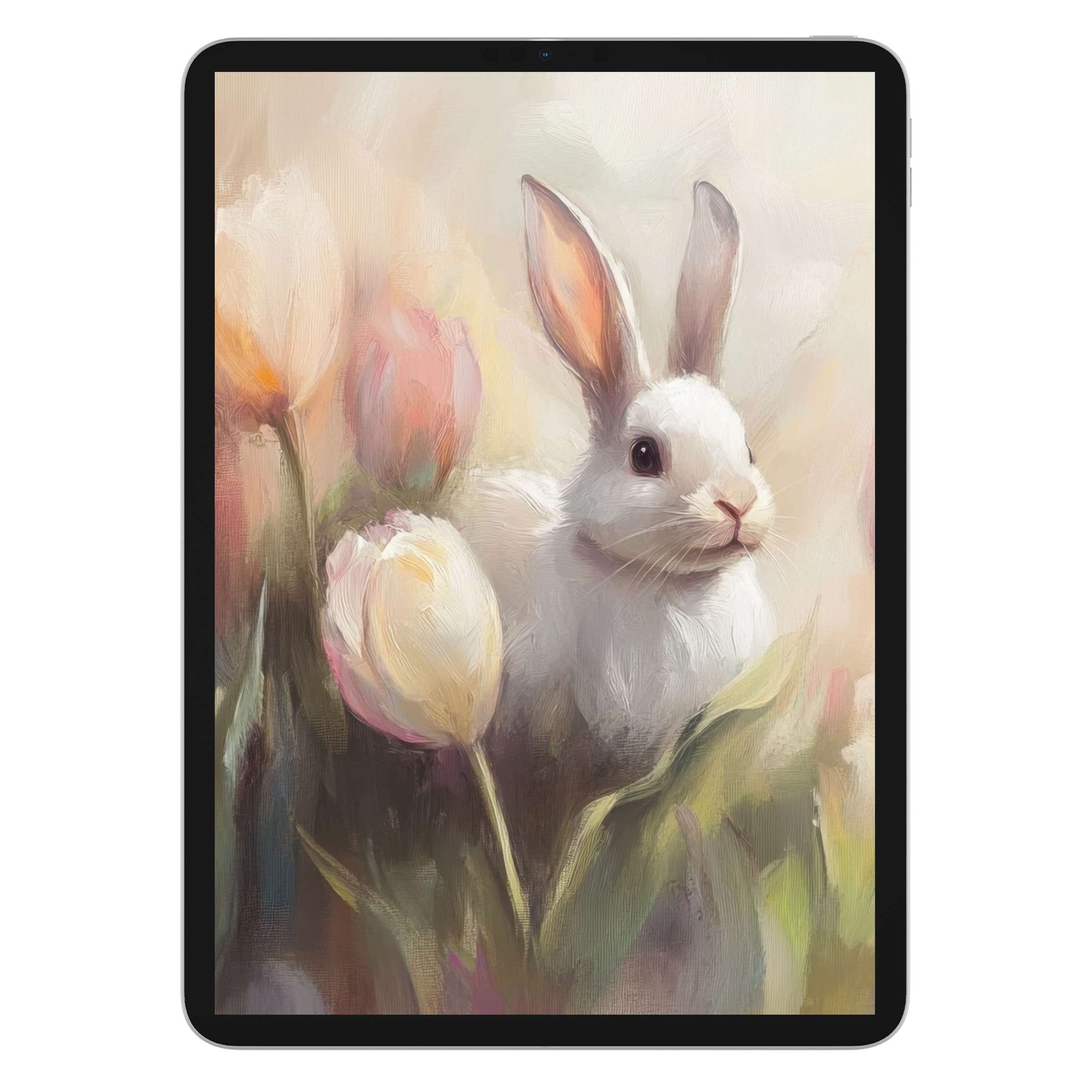 Easter iPad wallpaper features a serene rabbit among soft tulips with pastel hues, perfect digital download for tablet background lovers