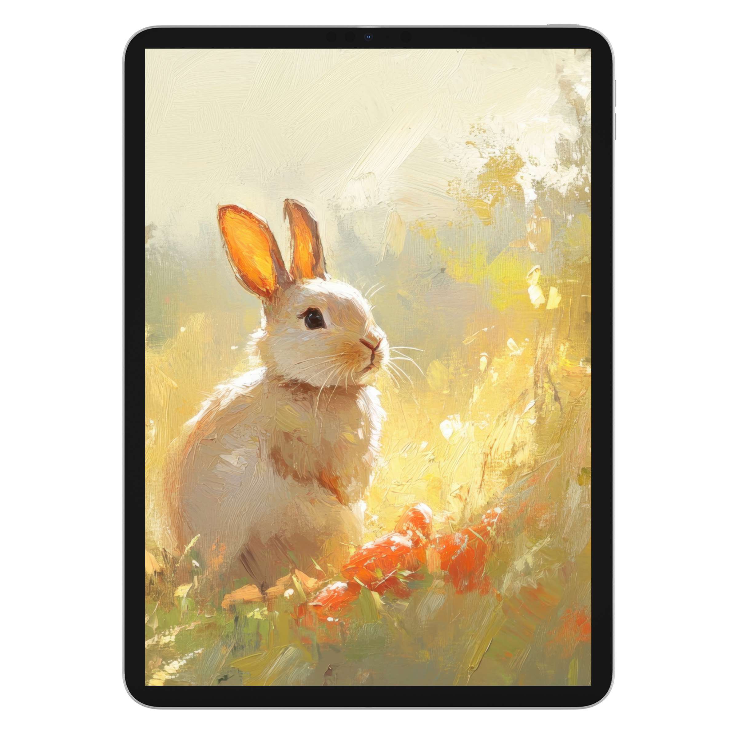 Easter iPad wallpaper featuring a serene rabbit in a sunlit field, perfect digital download tablet background for Android too