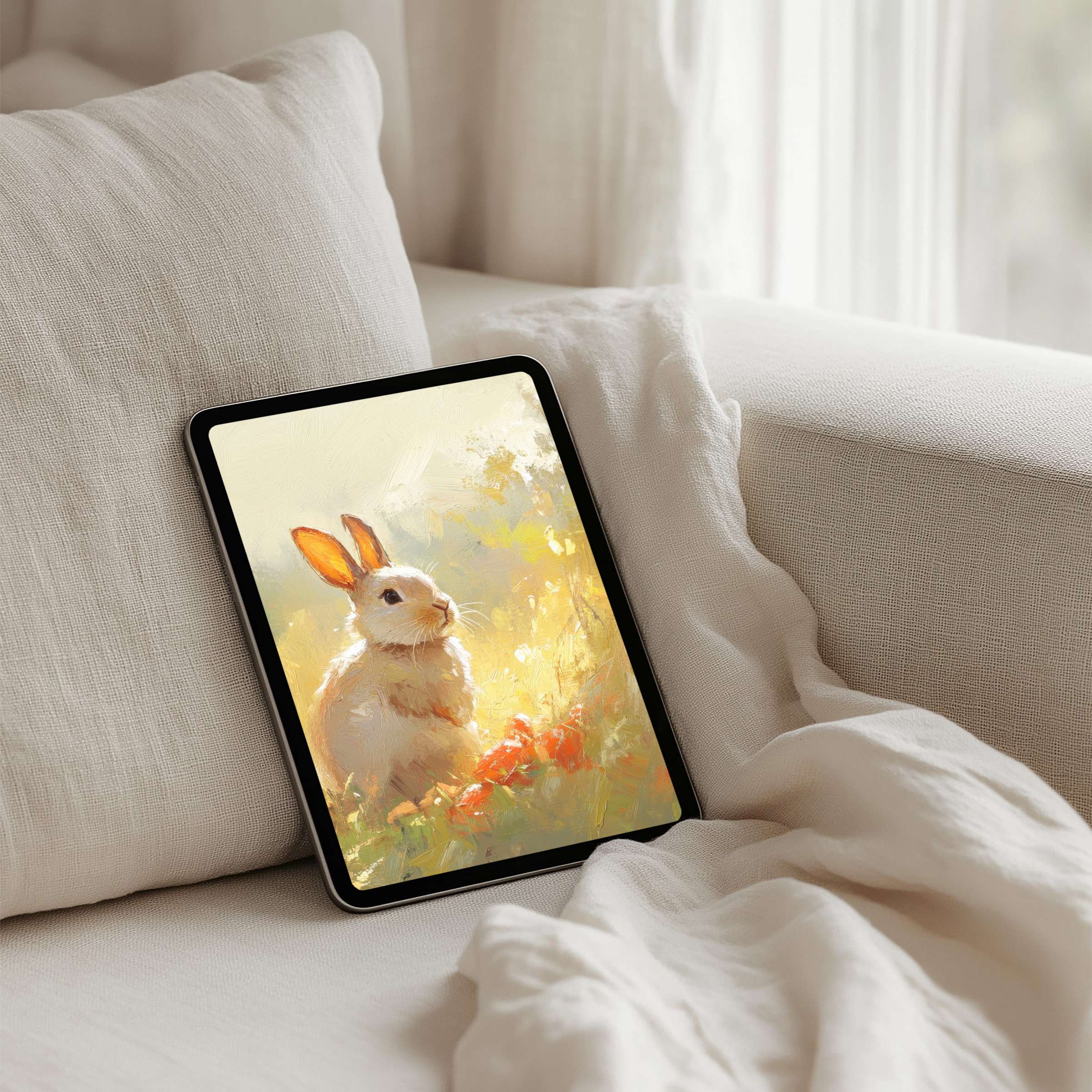 Serene rabbit painting iPad background with calming pastels inspires mindfulness on tablet devices available for instant download