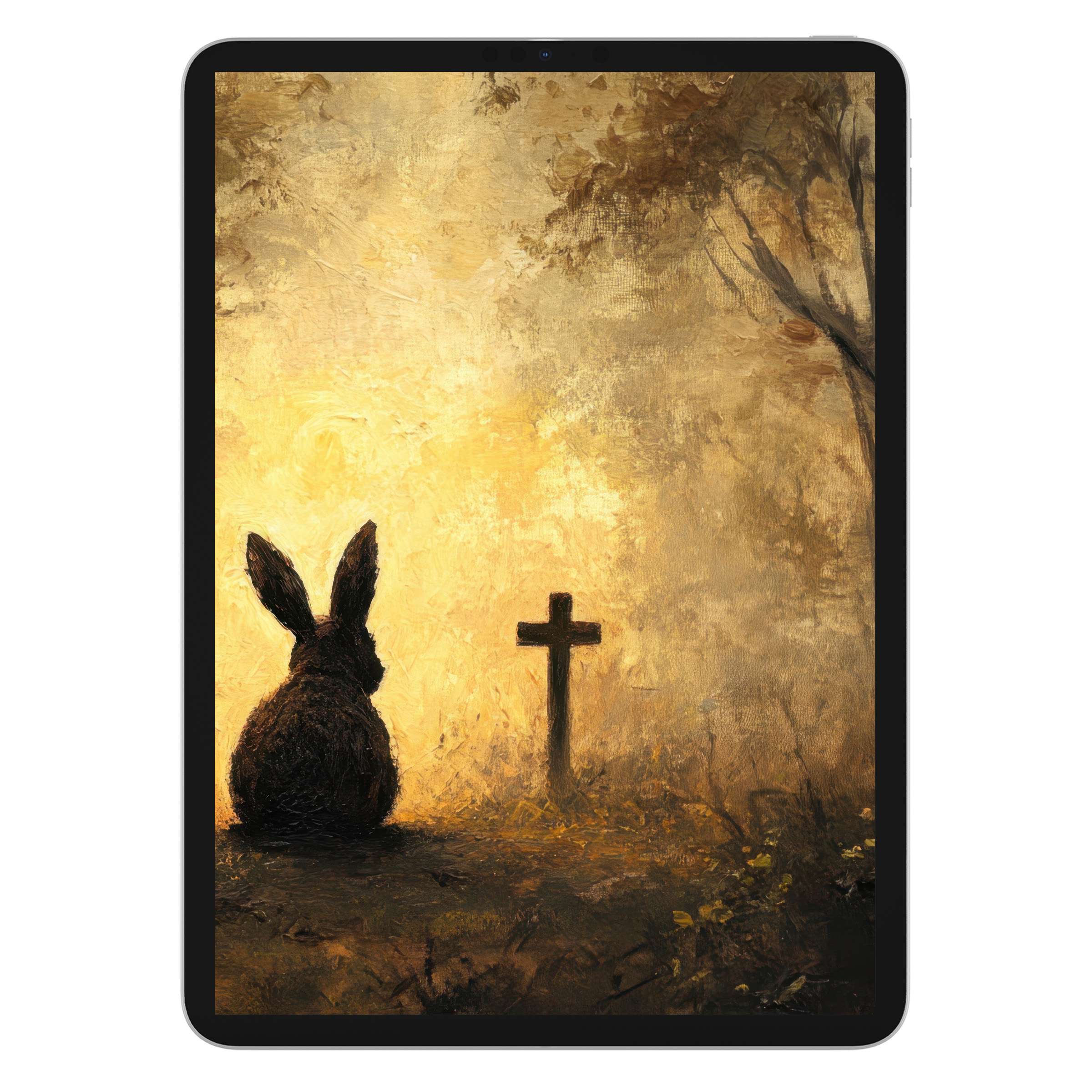 Easter iPad wallpaper featuring a serene bunny and cross, perfect digital download for tablet background in warm earthy hues