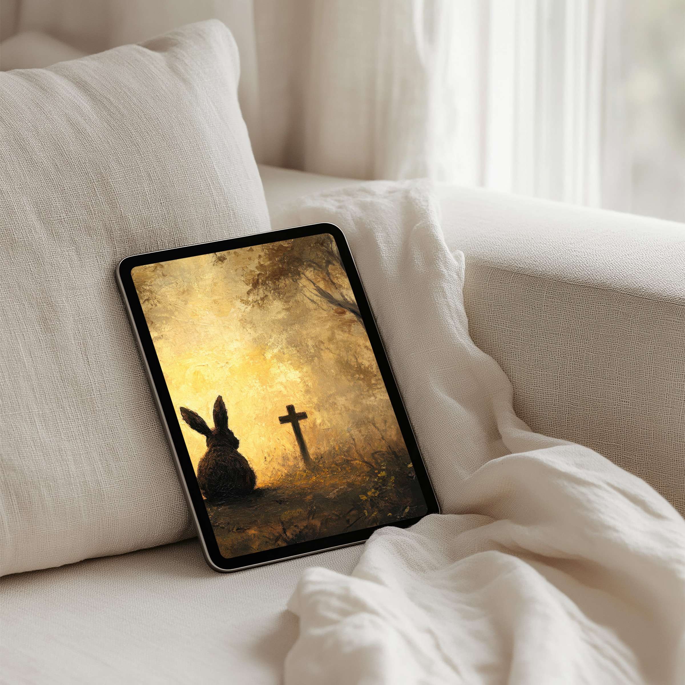 Elegant iPad background with serene rabbit art in warm earthy tones offering calm inspiration for any tablet instant download