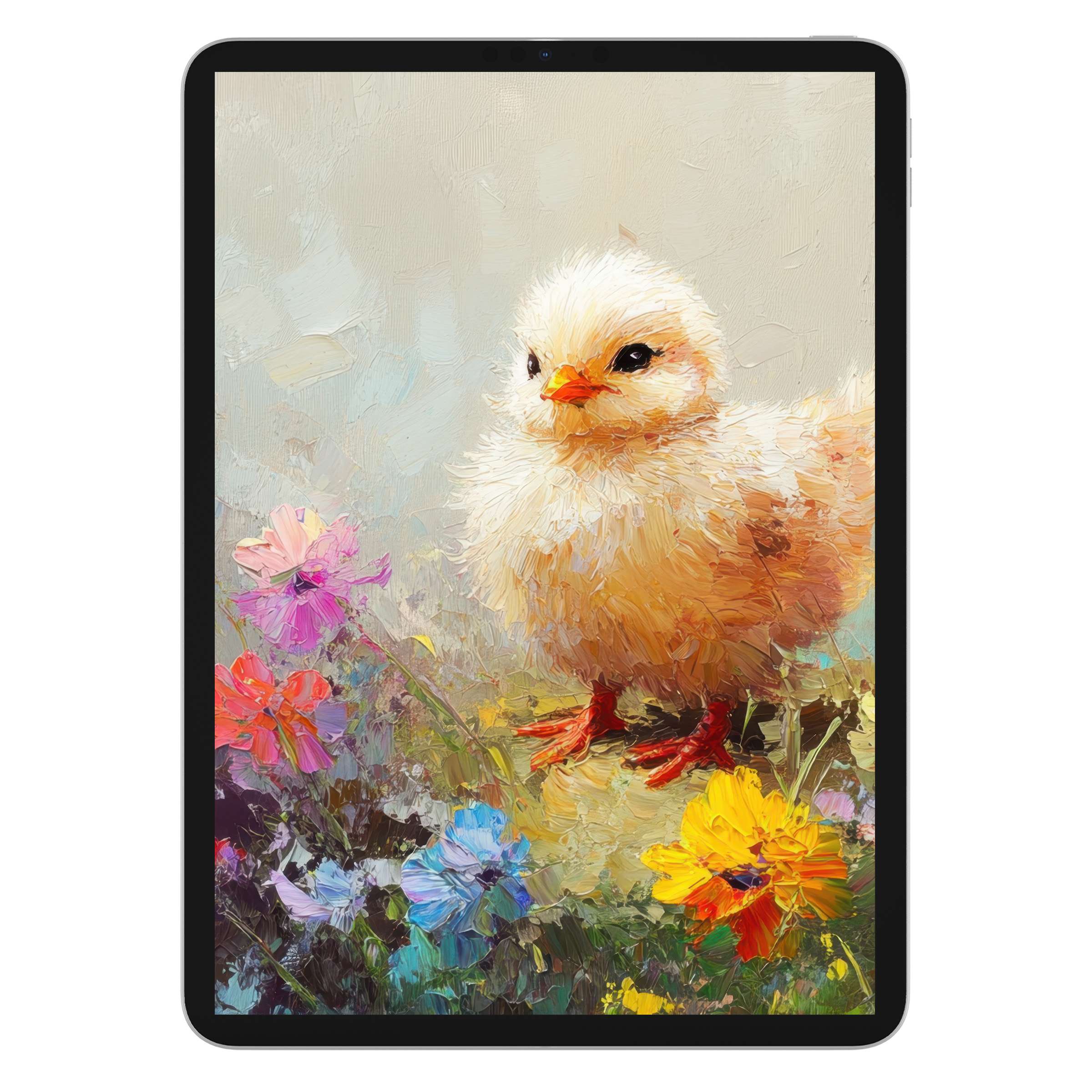 Easter iPad wallpaper with a fluffy chick and vibrant flowers in impressionist style digital download for tablet background users