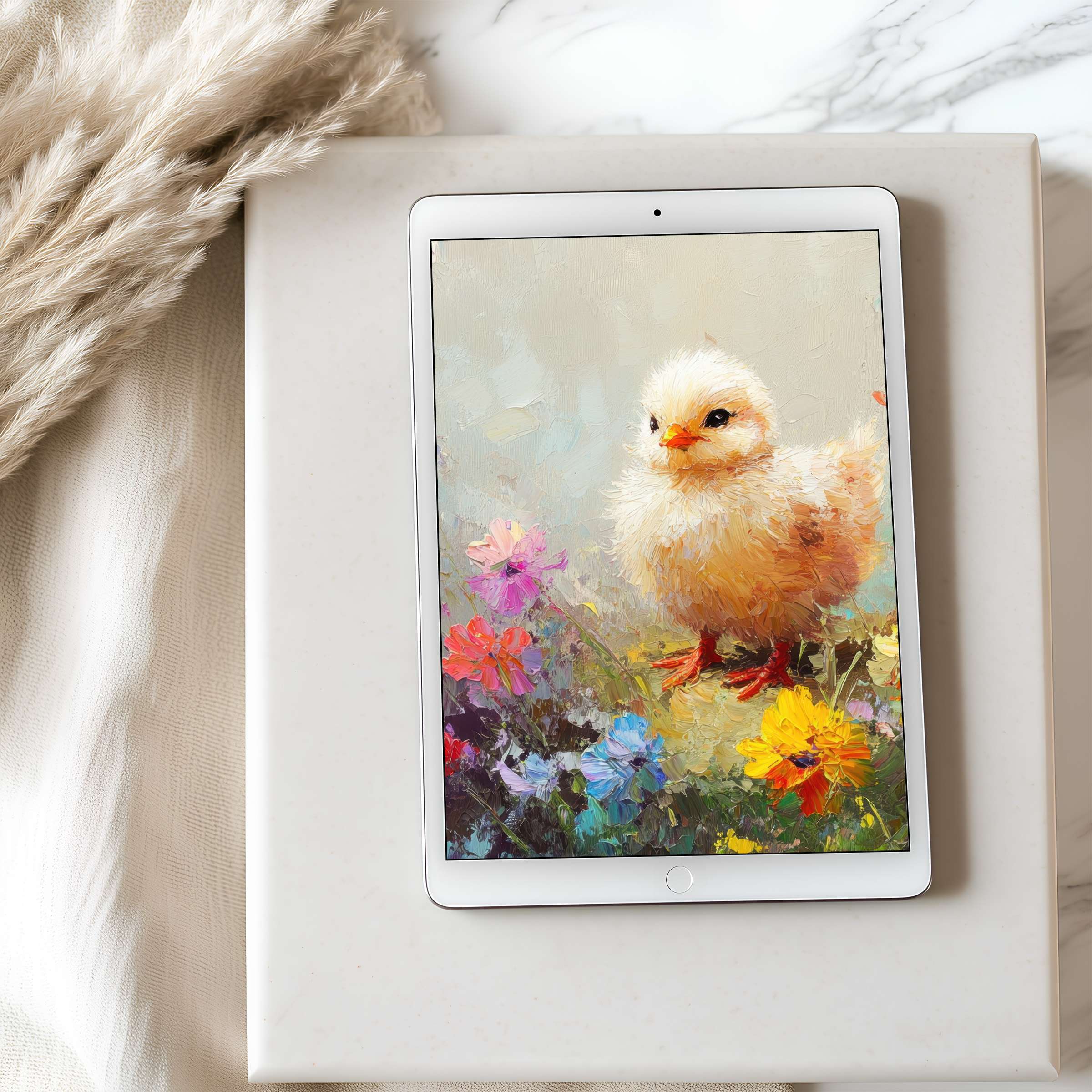 Chick among wildflowers tablet wallpaper for iPad high resolution digital download perfect for serene, sustainable design enthusiasts