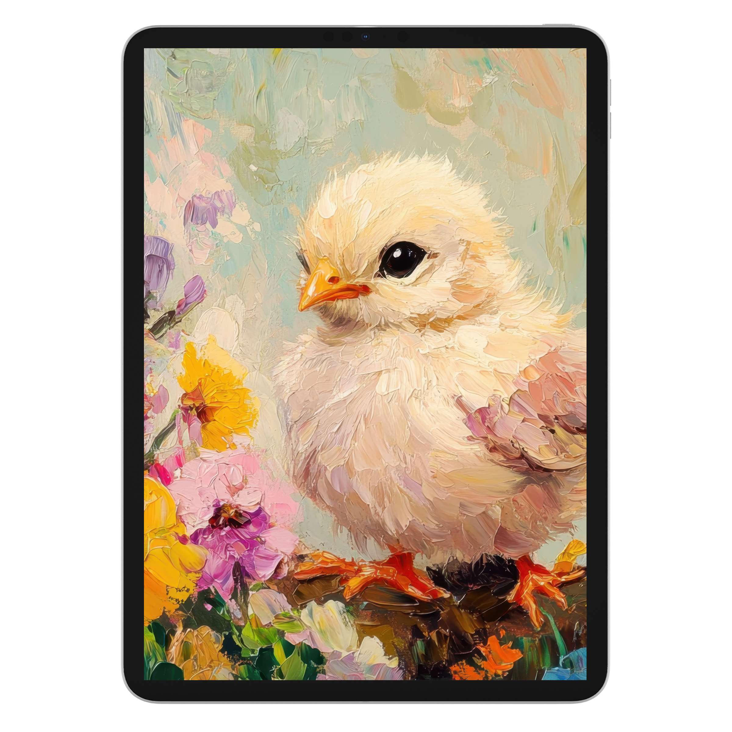 Easter iPad wallpaper featuring a fluffy chick with vibrant florals, offering an elegant digital download for tablet background art