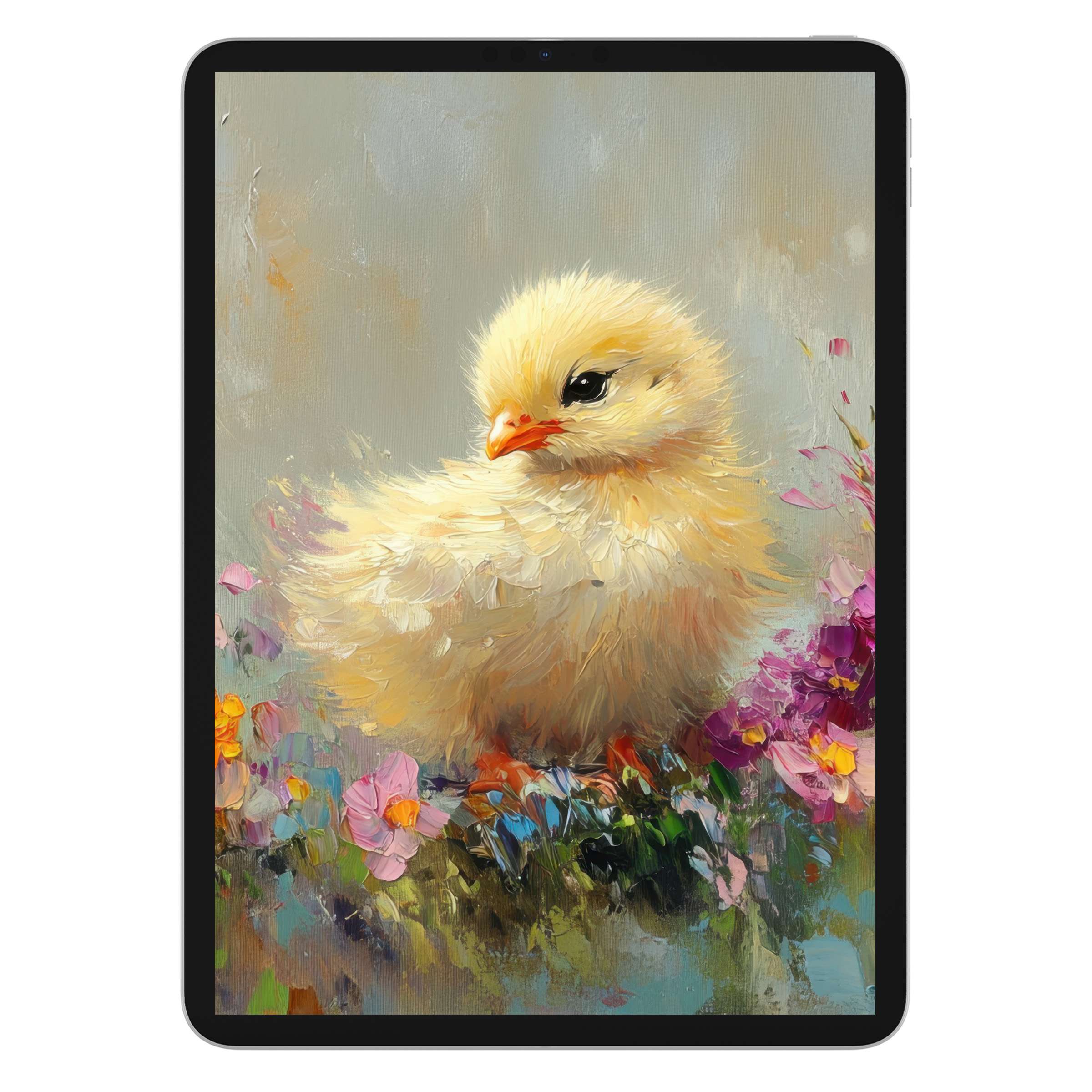 Easter iPad wallpaper with a serene yellow chick and floral oil paint, perfect digital download for tablet backgrounds, enhancing calm