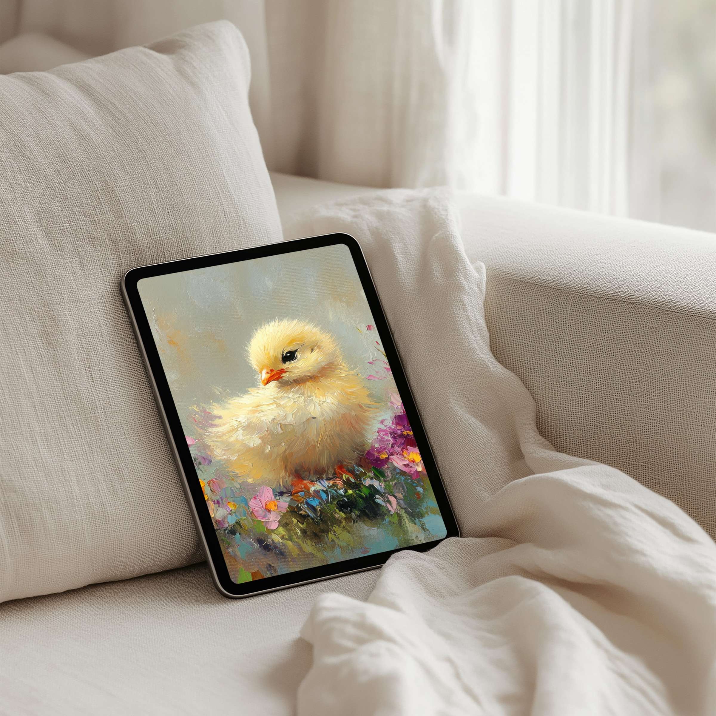 Charming chick painting enhances your iPad background with elegant serenity available as an instant download for any tablet