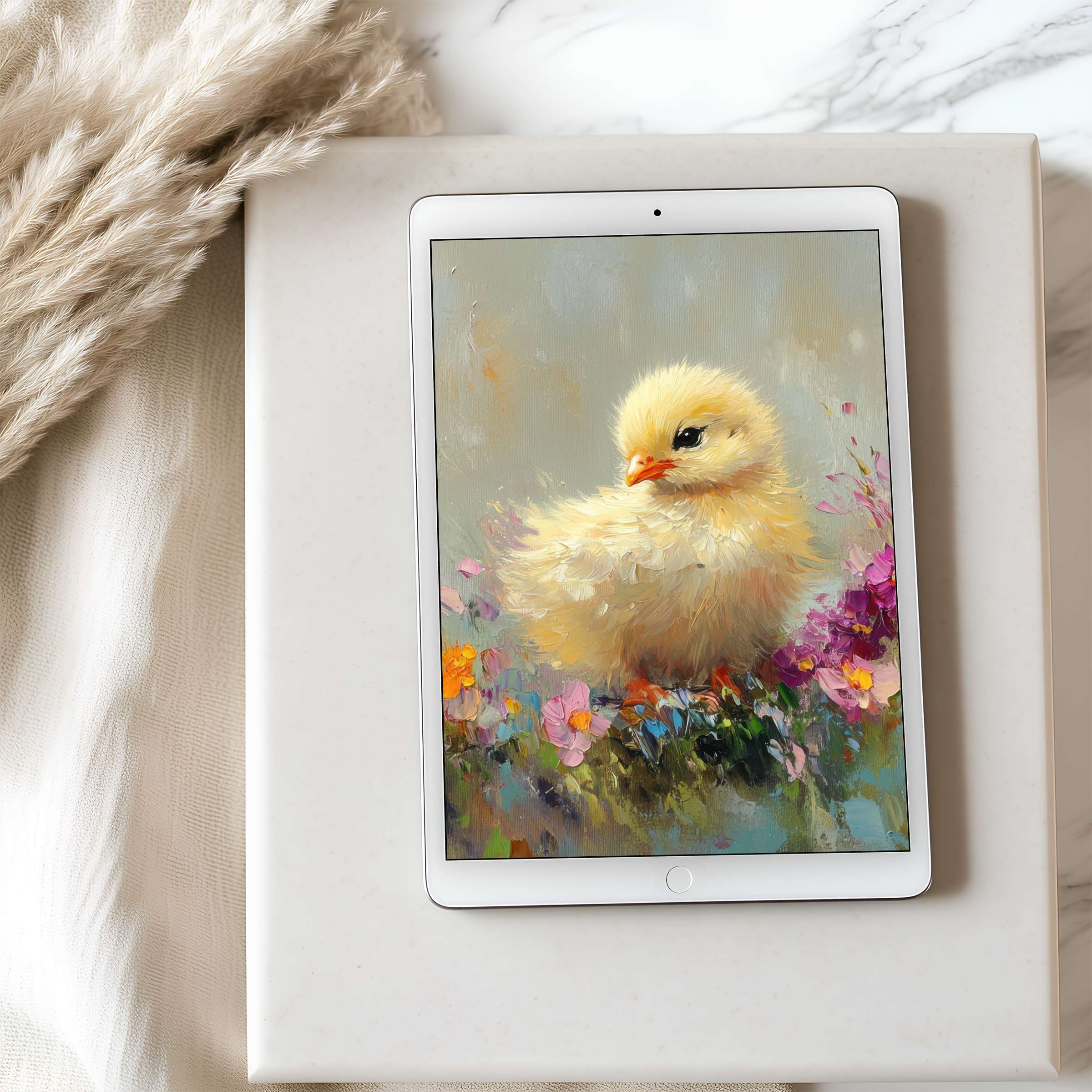 Charming chick tablet wallpaper in a high resolution setting, perfect for iPad or Android, enhances spaces with serene elegance