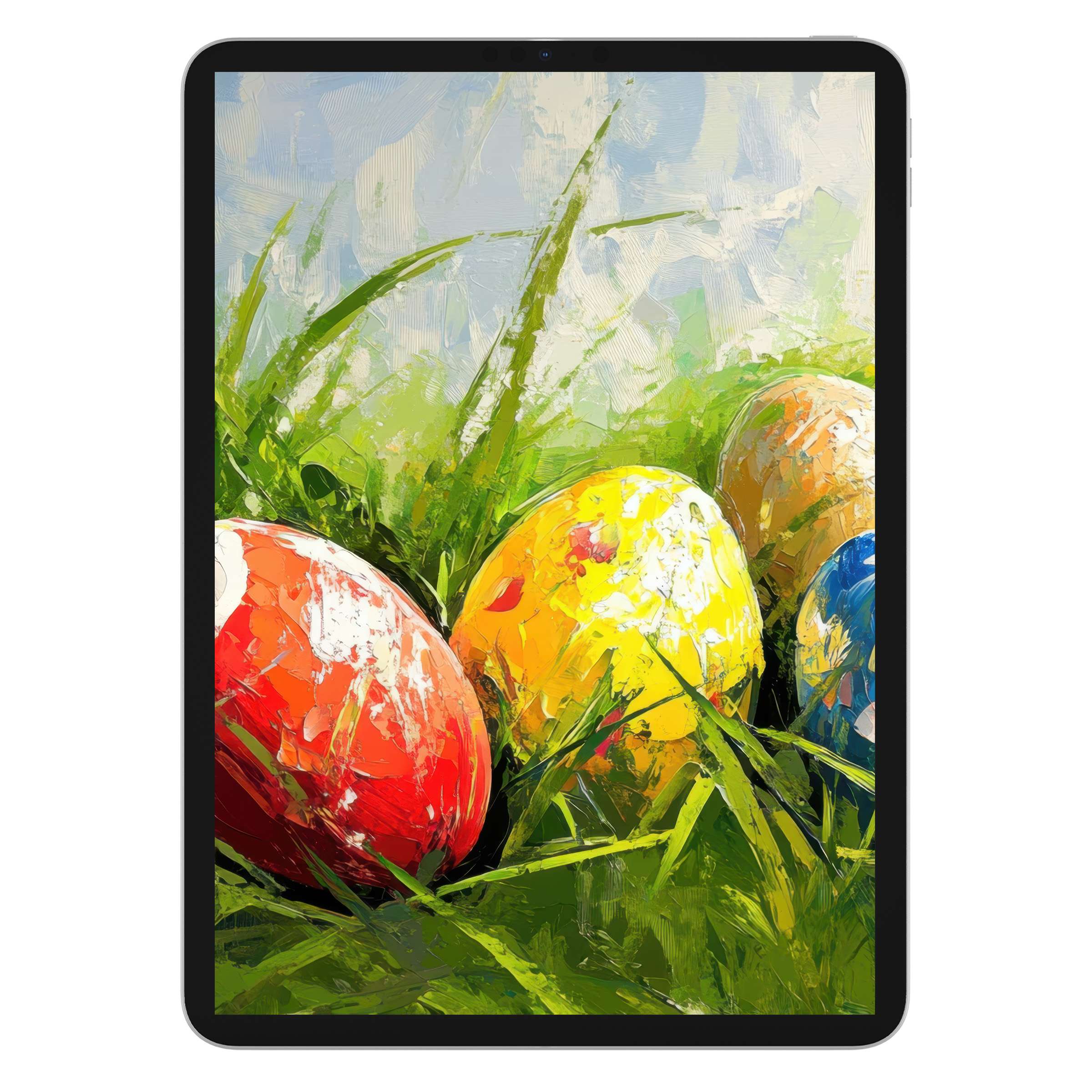 Colorful Easter iPad wallpaper with vibrant eggs in lush grass, perfect digital download background for elegant, serene tablet design