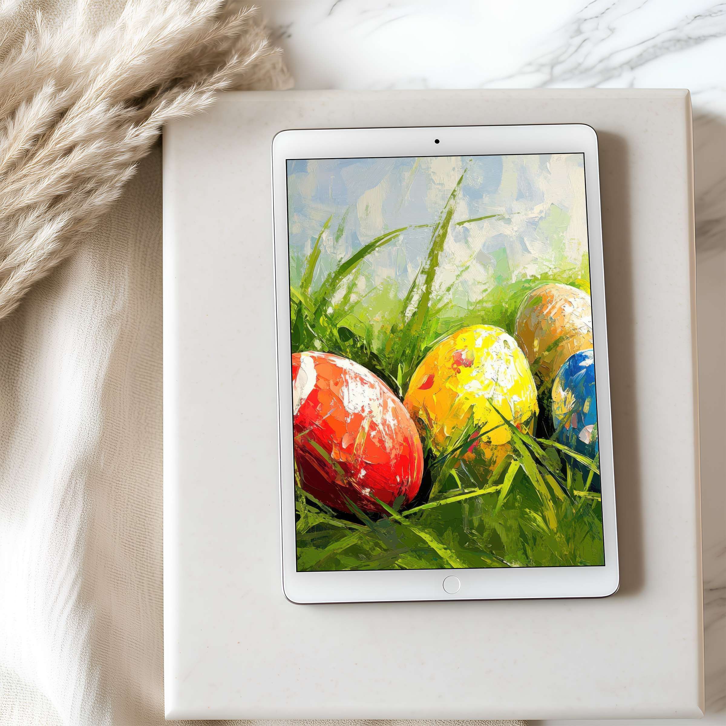 Elegant tablet wallpaper featuring vibrant Easter eggs in lush grass, perfect for iPad or Android, offers calm digital download