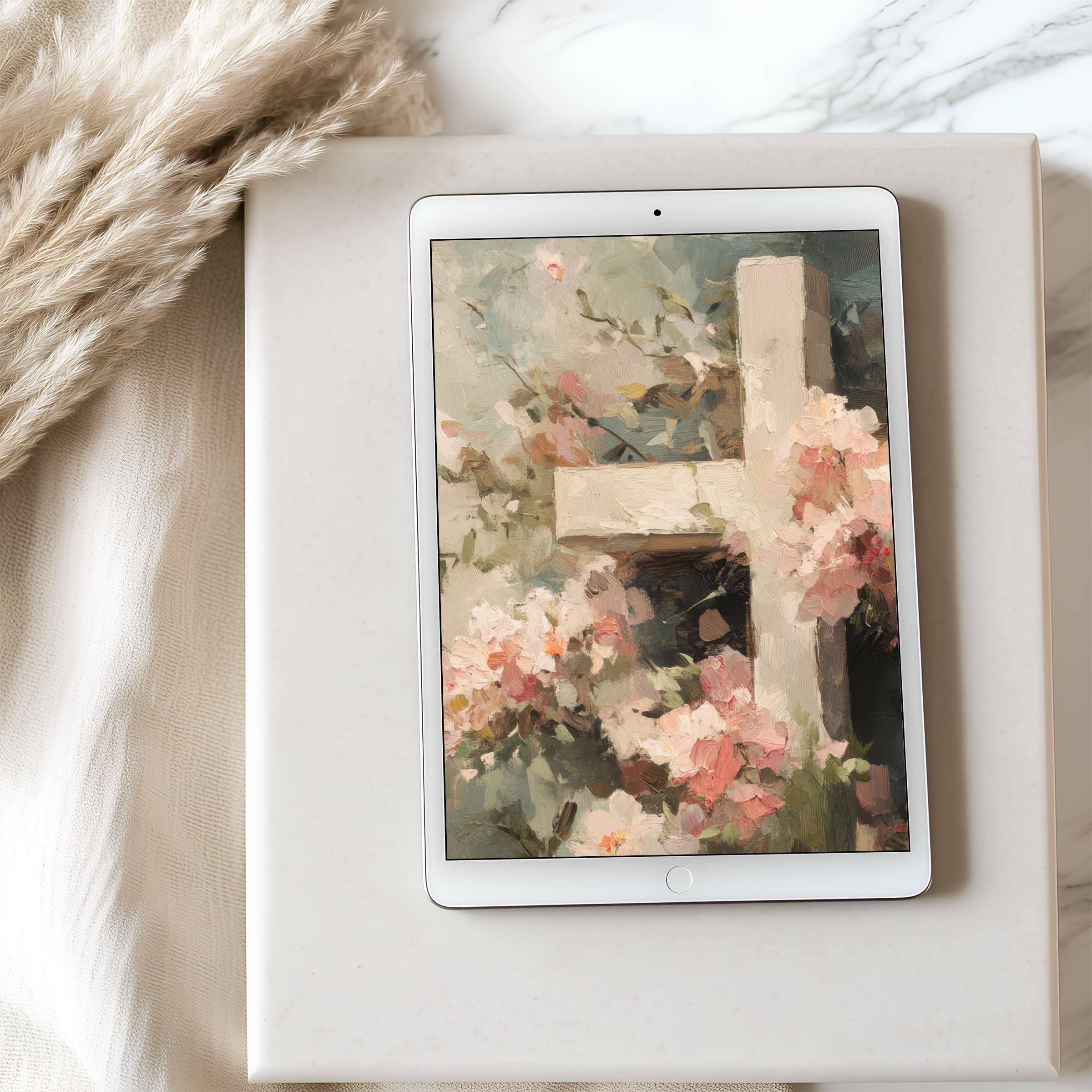 Elegant tablet wallpaper showcasing pastel florals and a cross in a serene setting suitable for high resolution iPad download