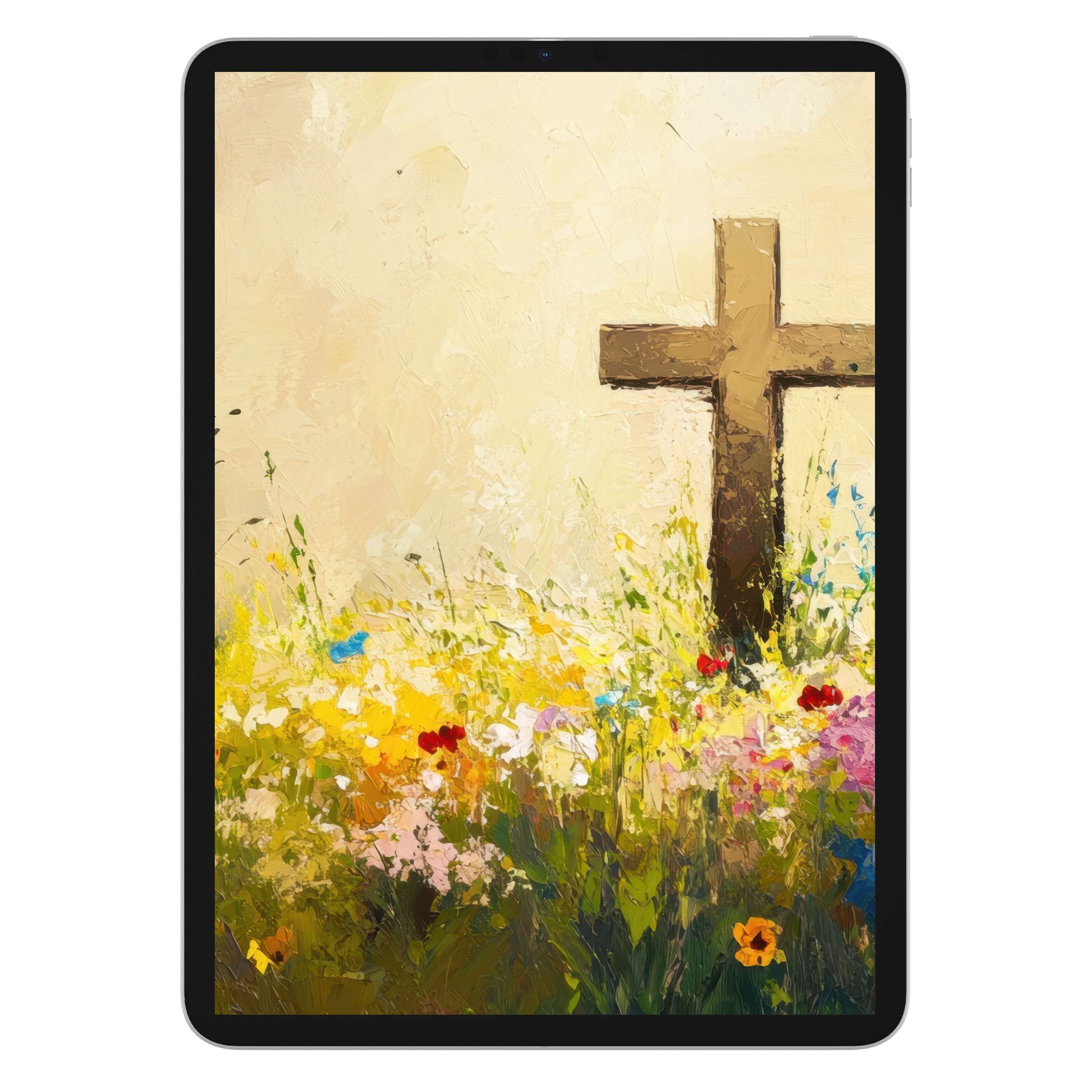 Elegant Easter iPad wallpaper with a rustic cross and vibrant floral meadow, perfect tablet background for calming digital download