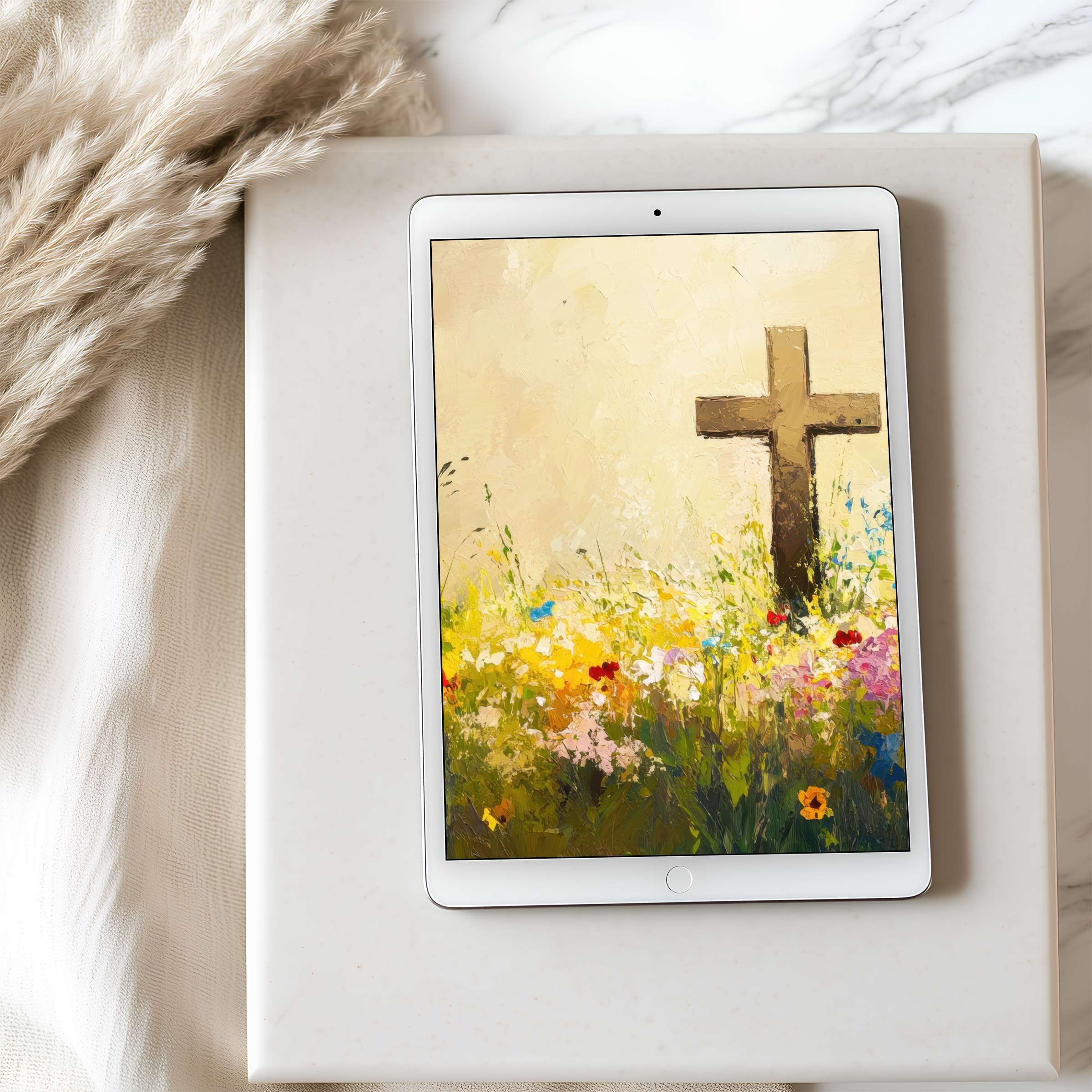 Elegant tablet wallpaper featuring serene cross in floral field painting ideal for iPad download and Android tablets for calm elegance