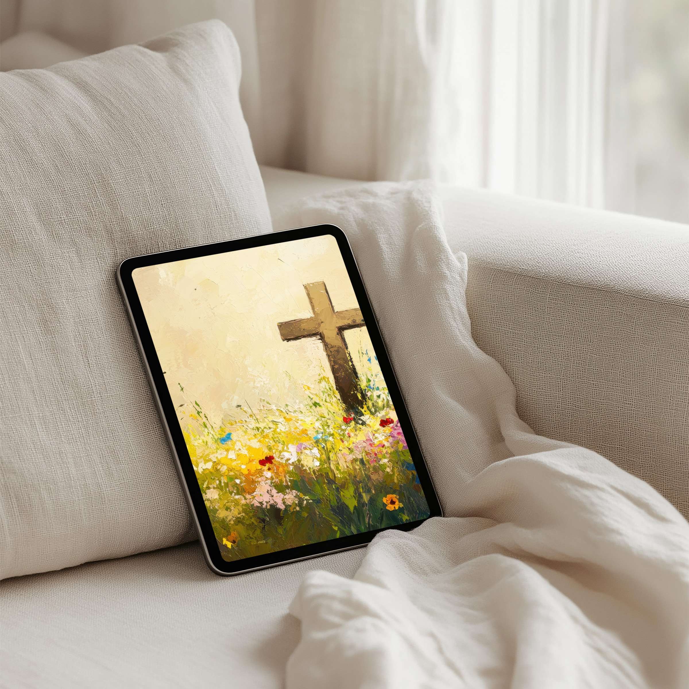 Gentle floral iPad background with a wooden cross, offering instant download for tablets, inspires calm and elegant mindfulness