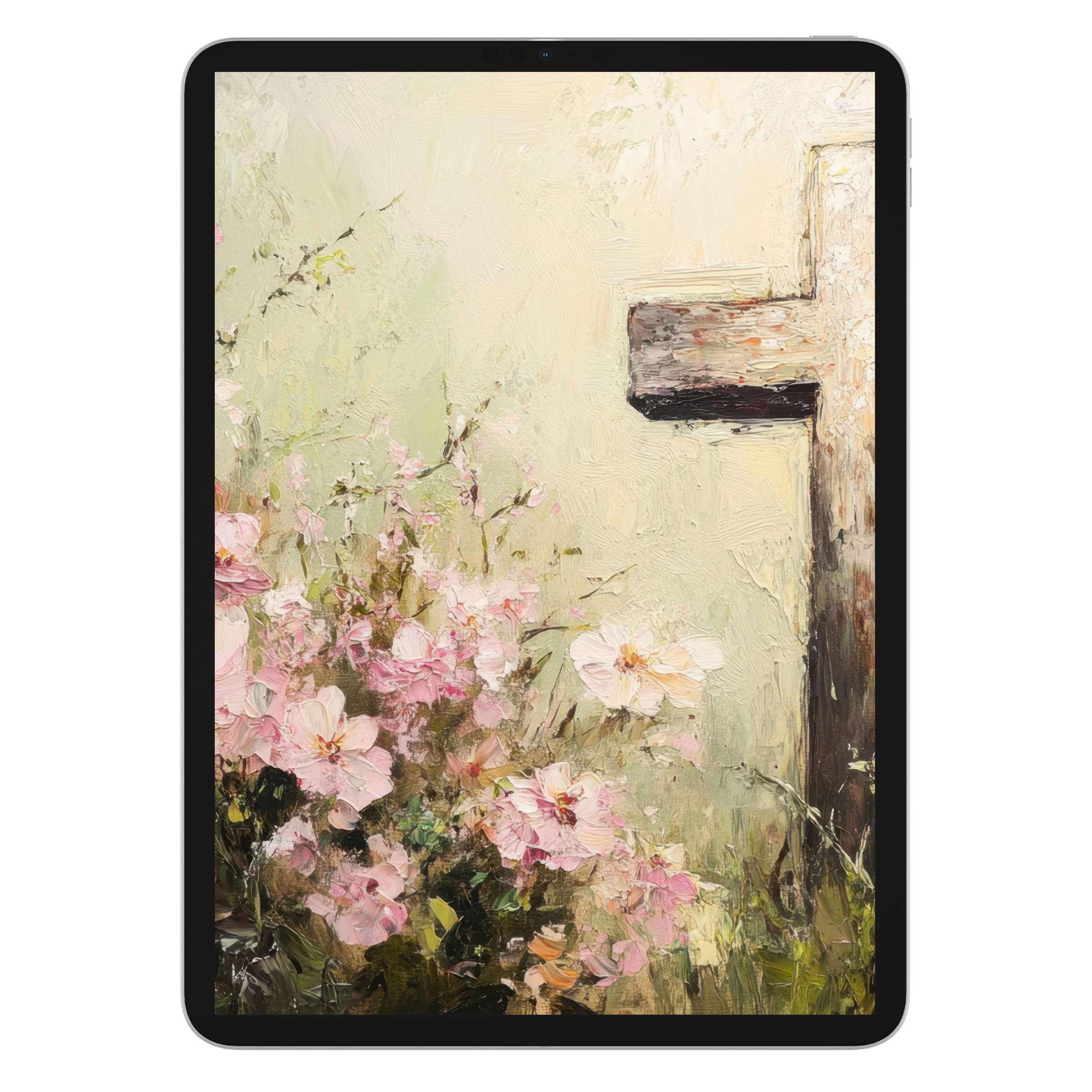 Elegant easter iPad wallpaper featuring a textured floral cross, perfect digital download for calming tablet background themes