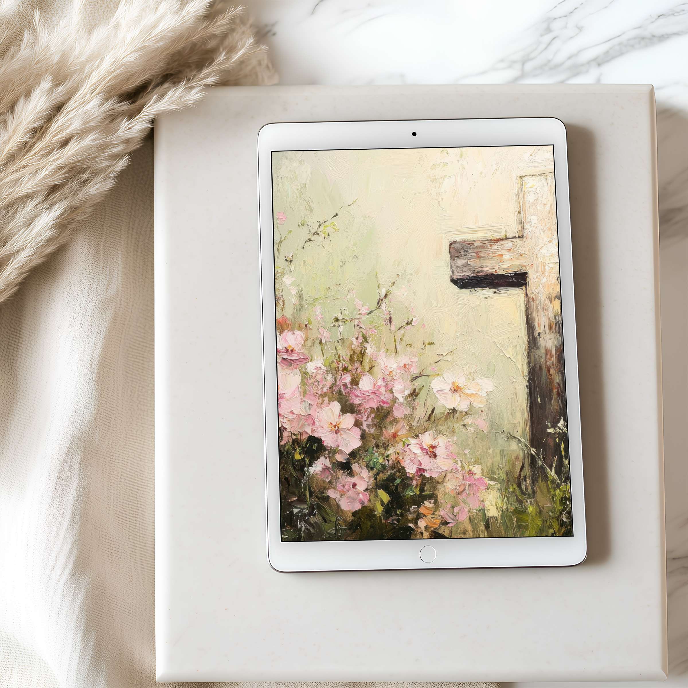 Elegant tablet wallpaper portraying a serene floral and cross motif in pastel oil styles, perfect for high resolution iPad downloads