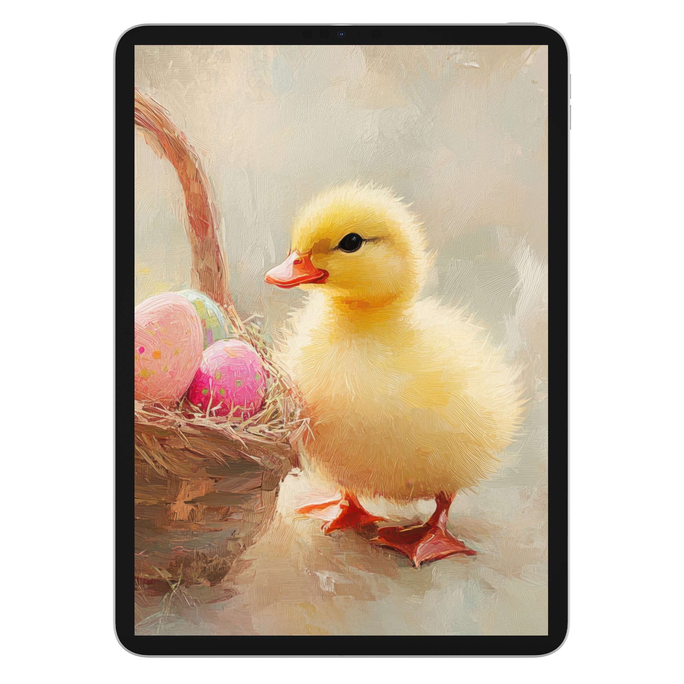 Charming Easter iPad wallpaper featuring a fluffy duckling and pastel eggs, perfect for calming digital download on any tablet background