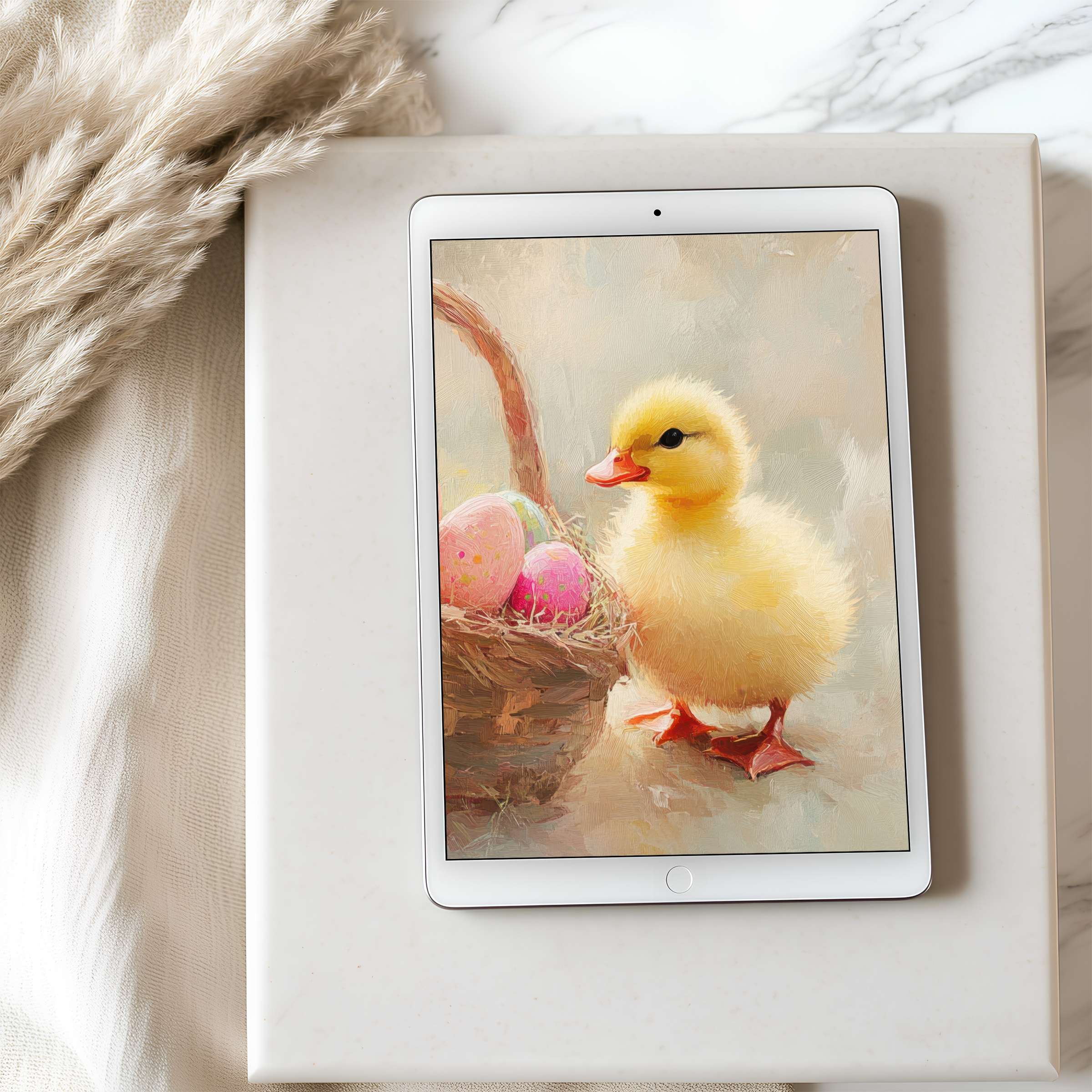 Elegant tablet wallpaper features a charming yellow duckling and pastel Easter eggs in soft tones, ideal for high-resolution iPad use