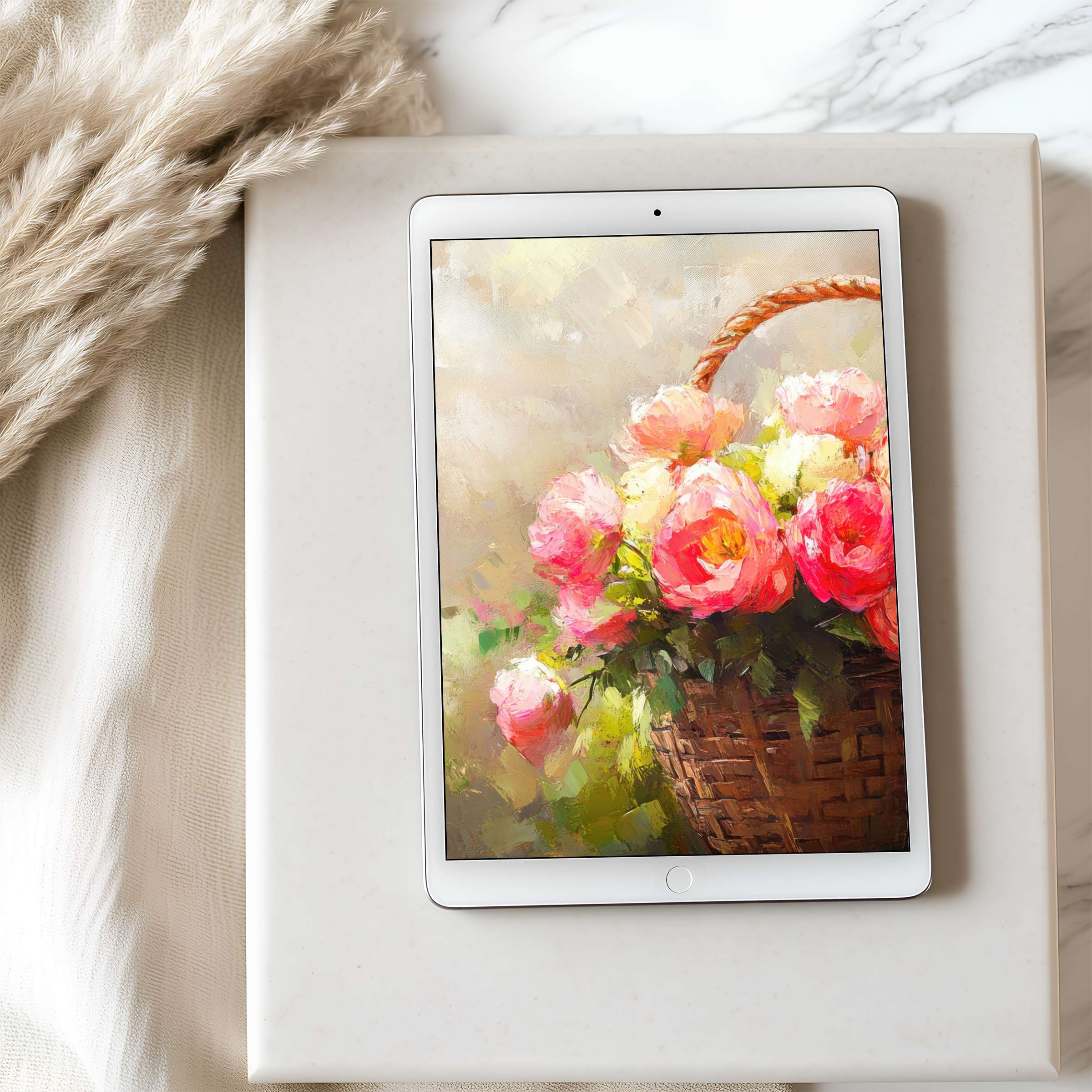 Elegant tablet wallpaper featuring a high-resolution floral basket painting, perfect for serene home interiors and digital downloads for iPad