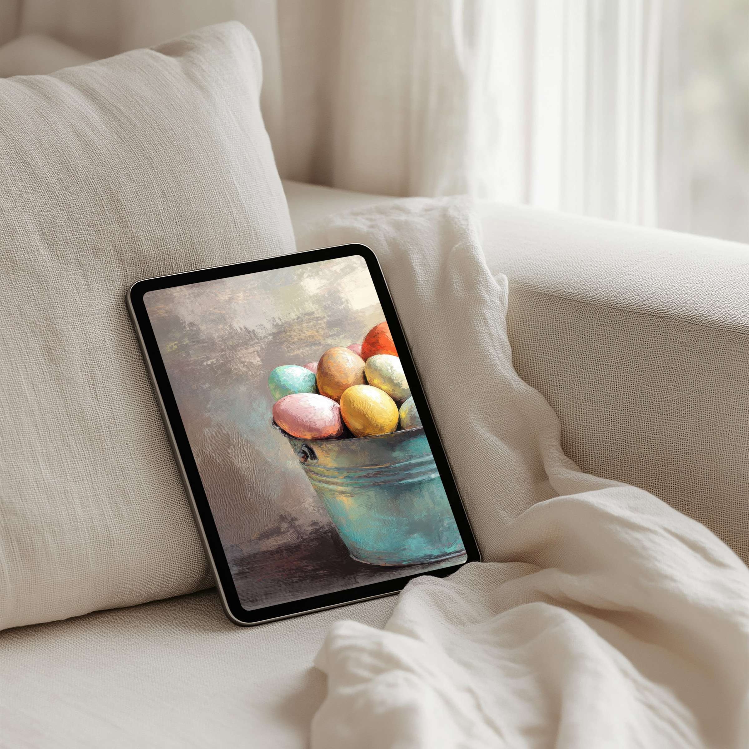 Serene iPad background with pastel eggs in a rustic bucket painting perfect for instant download on any tablet for mindful elegance