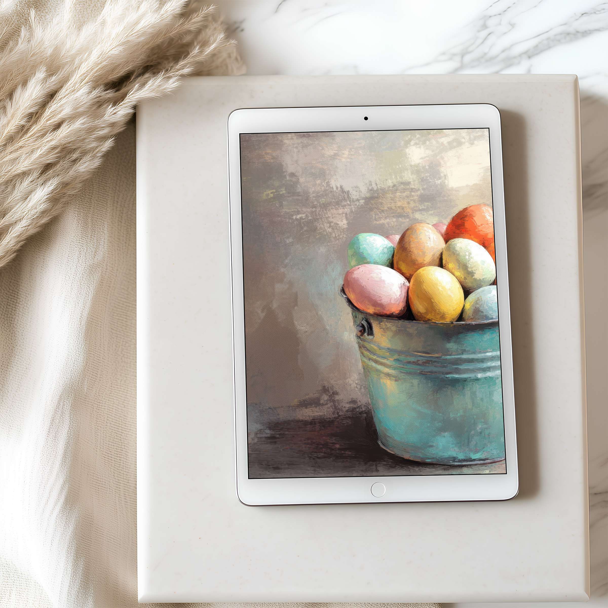 Calming tablet wallpaper featuring pastel eggs in a rustic pail against a soft backdrop, perfect for high resolution iPad displays