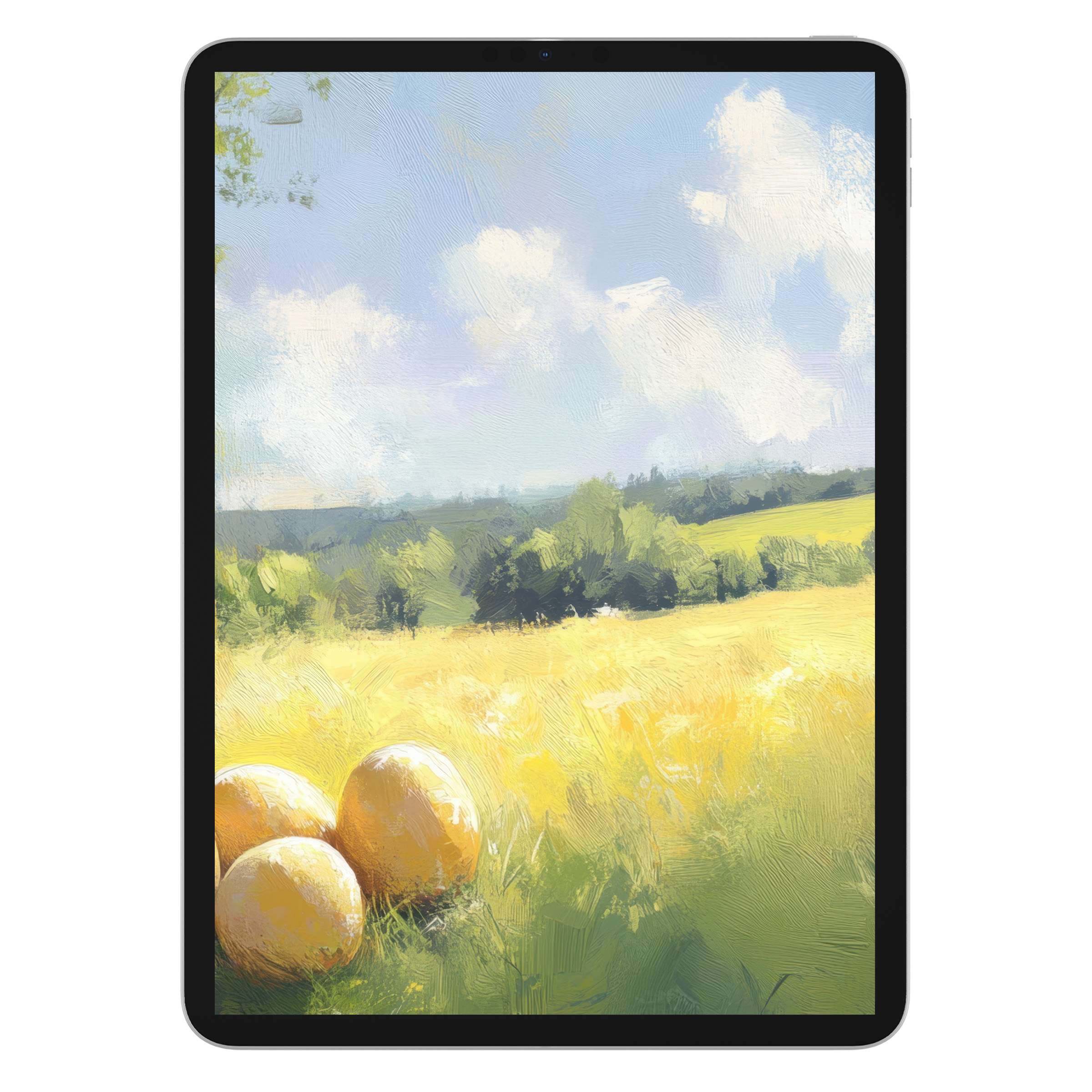 Easter iPad wallpaper in elegant pastel tones showcases serene landscapes and golden eggs, perfect digital download for tablet background users