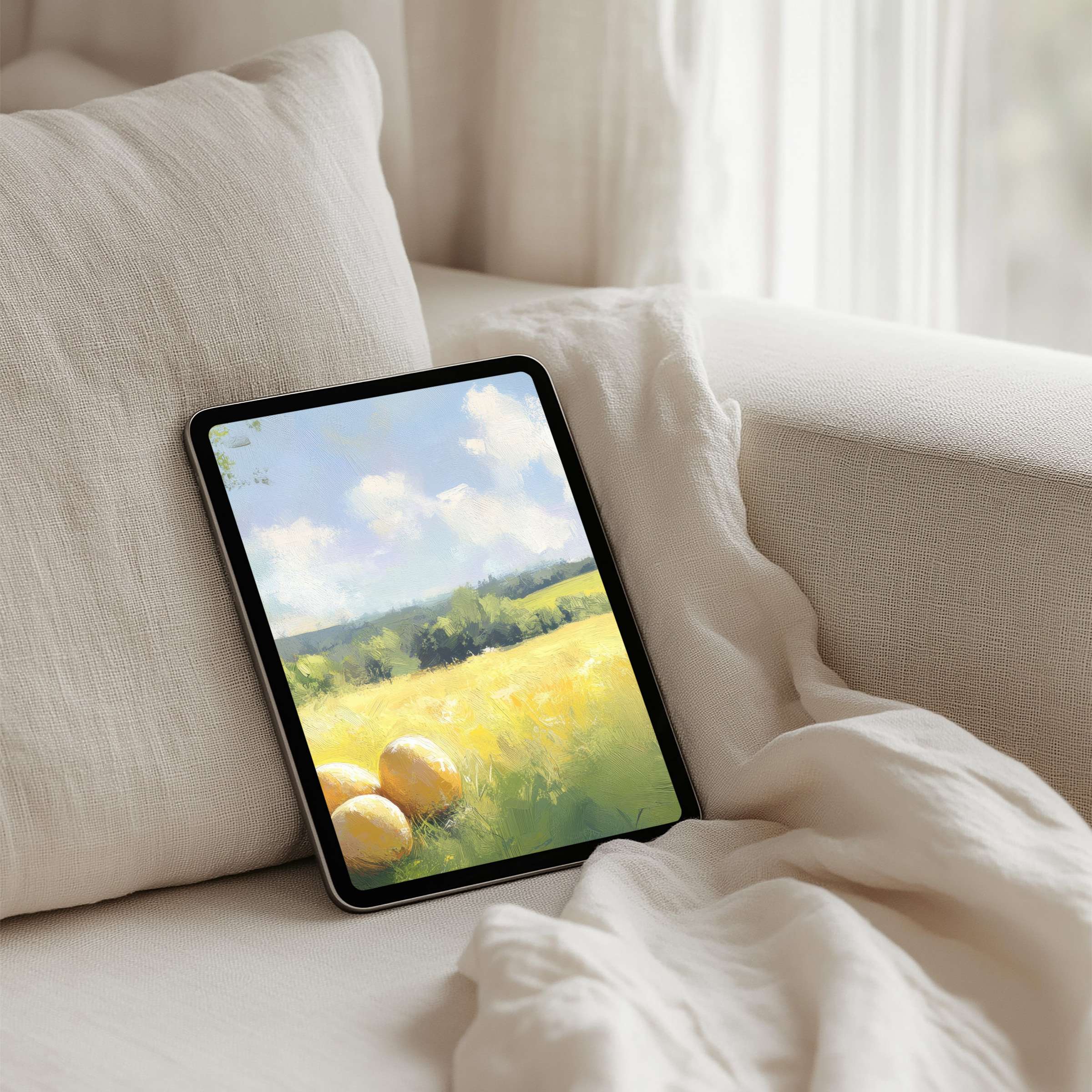 Serene landscape iPad background for instant download elevates your tablet with calming yellow fields and blue sky elegance