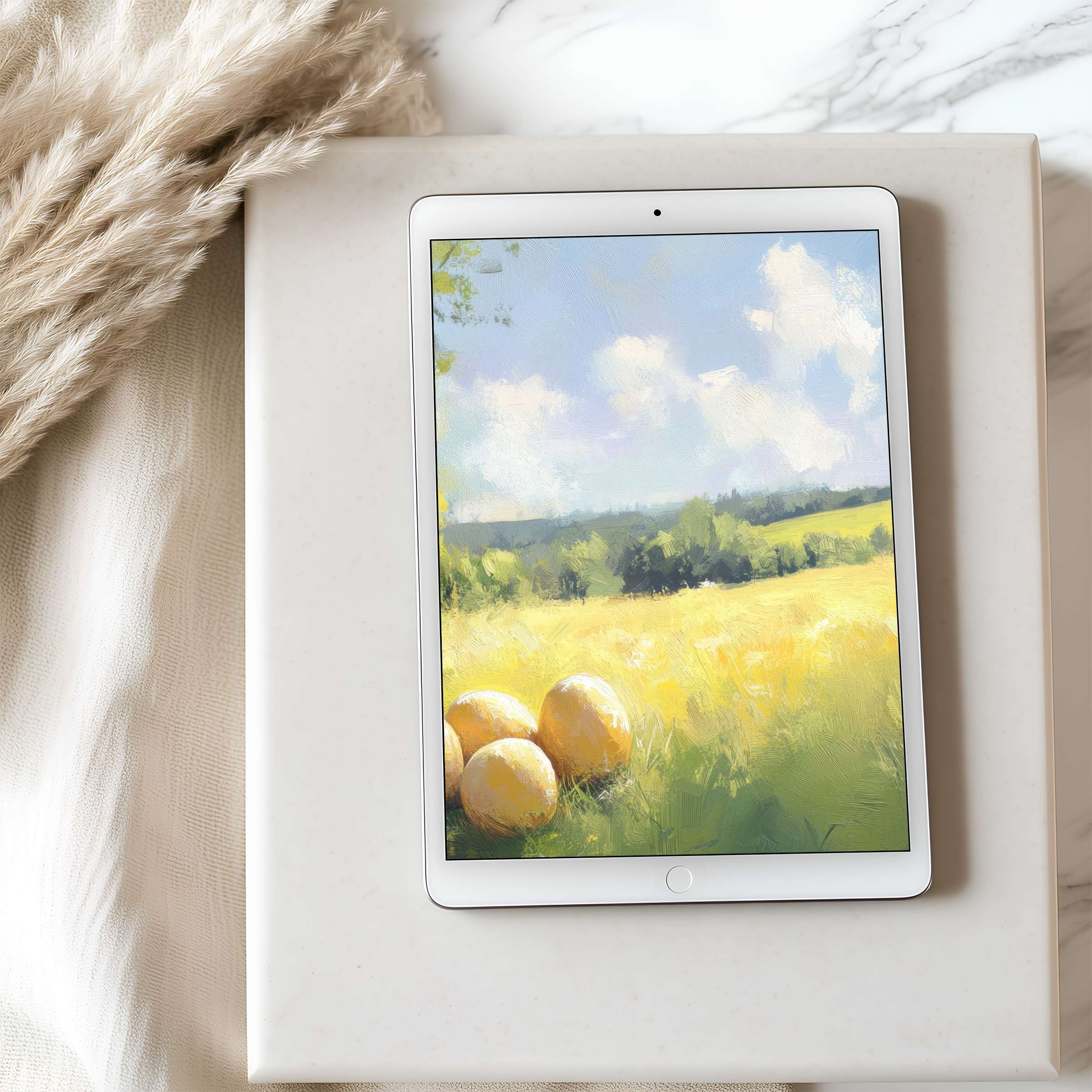 Serene tablet wallpaper featuring a soft pastel landscape with rolling hills and golden fields, perfect for iPad and Android downloads