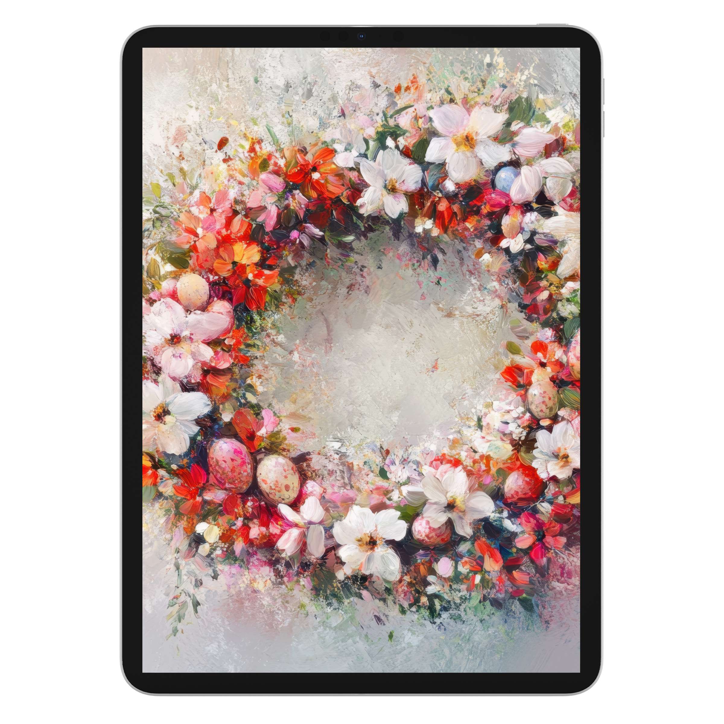 Elegant Easter iPad wallpaper with vibrant floral wreath, calm pastel background, and digital download for tablet adaptability