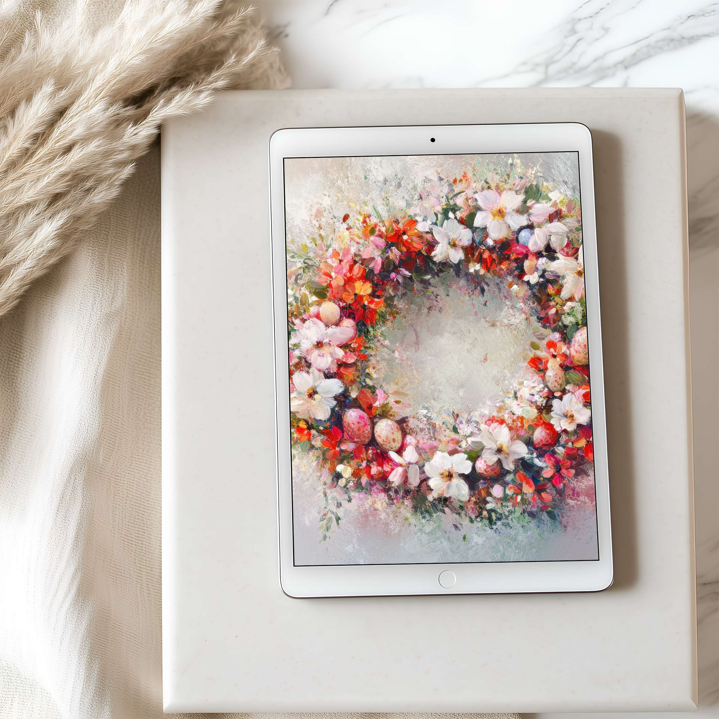 Elegant floral wreath tablet wallpaper with pastel colors, perfect for iPad and Android tablets, offering serene digital download for design lovers