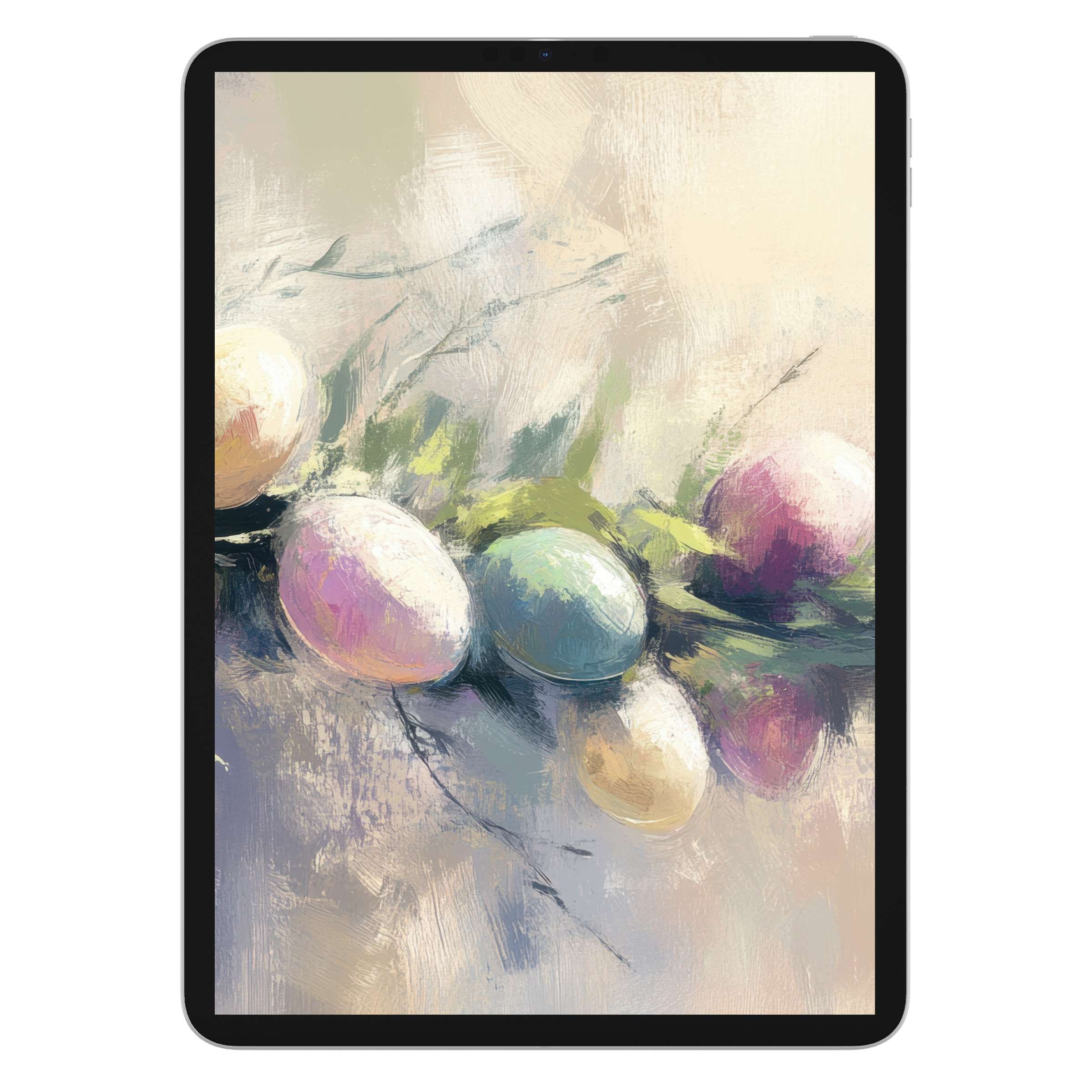 Easter iPad wallpaper featuring pastel-colored eggs in soft brush strokes elegantly enhances any tablet background with a digital download