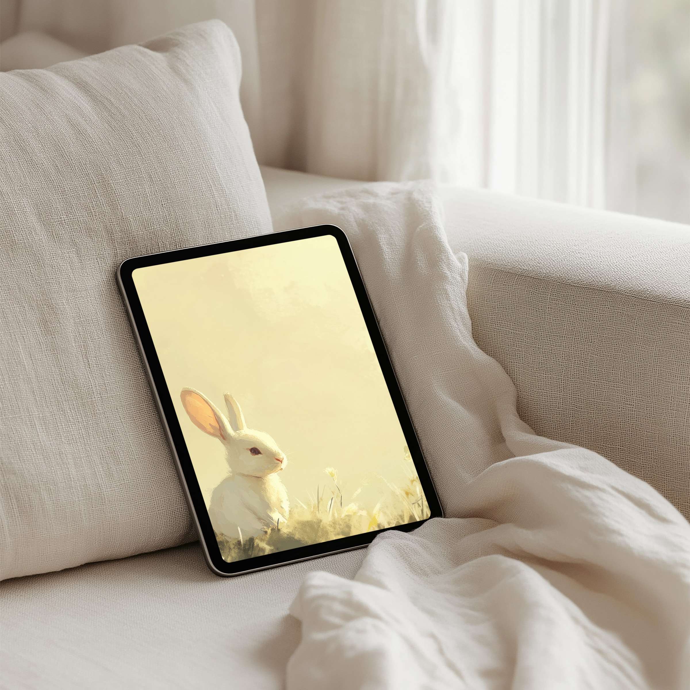 Serene watercolor iPad background featuring a tranquil rabbit in soft hues offers instant download for your tablet and mindful space