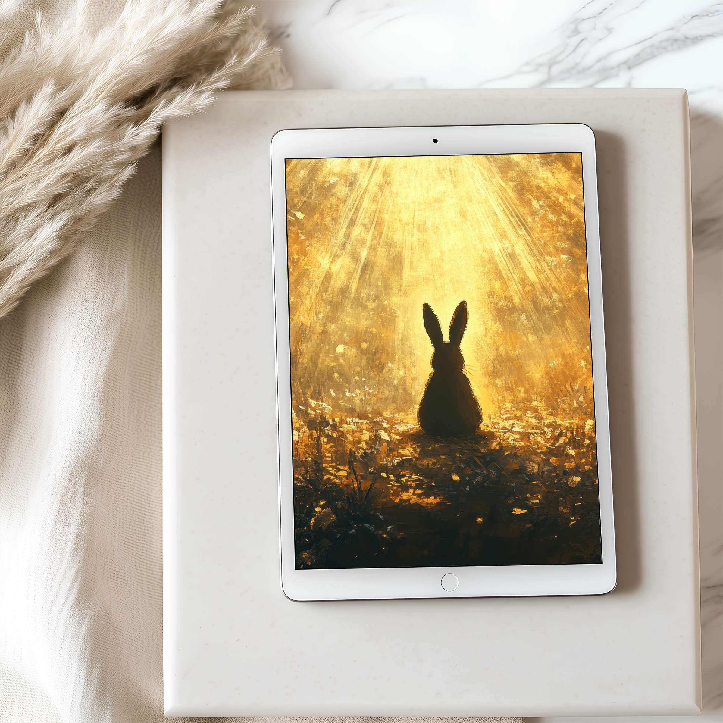 Elegant tablet wallpaper featuring a sunlit rabbit silhouette in warm tones, perfect for high-resolution digital download on iPad or Android devices
