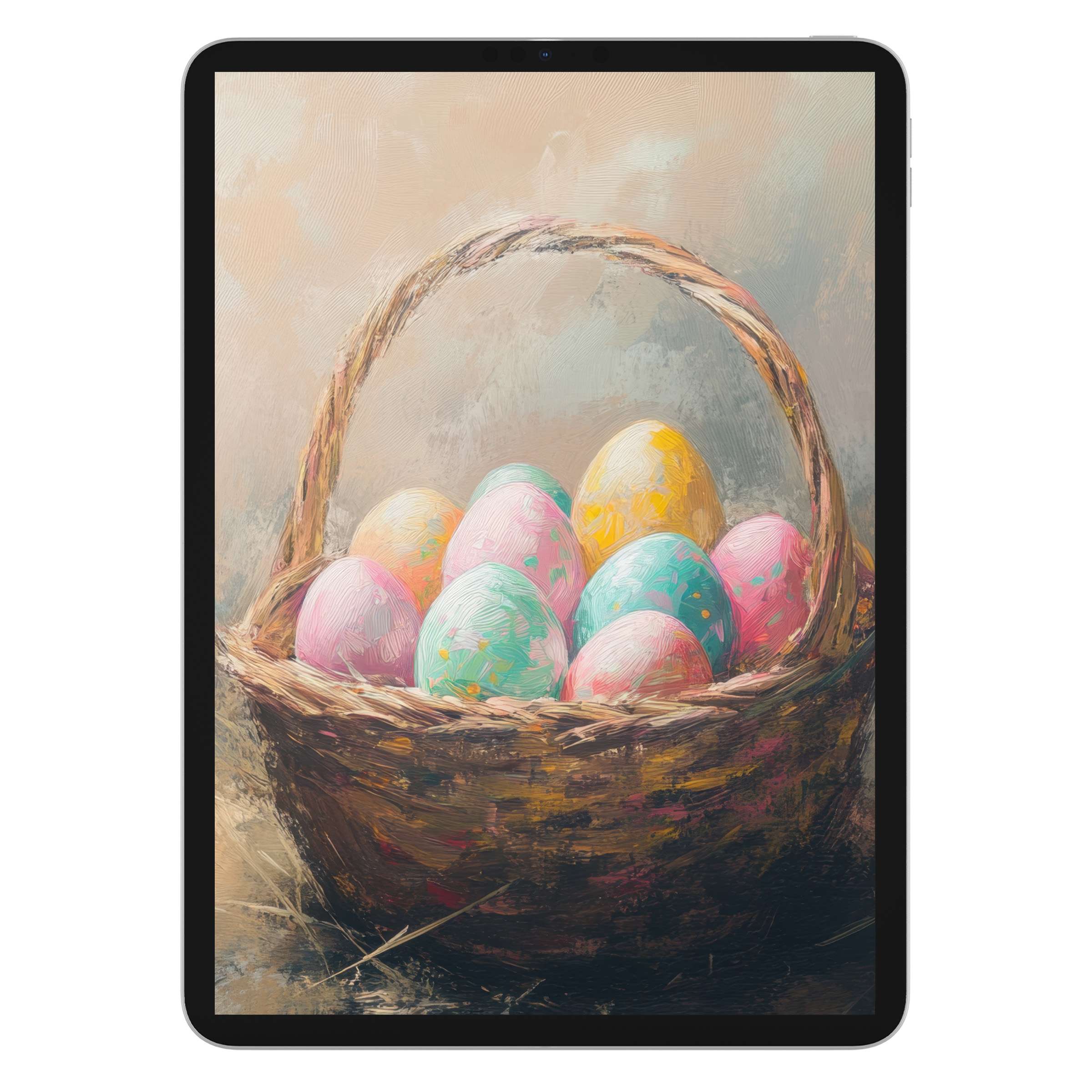Easter iPad wallpaper featuring a serene basket of pastel eggs offers an elegant digital download for a calming tablet background