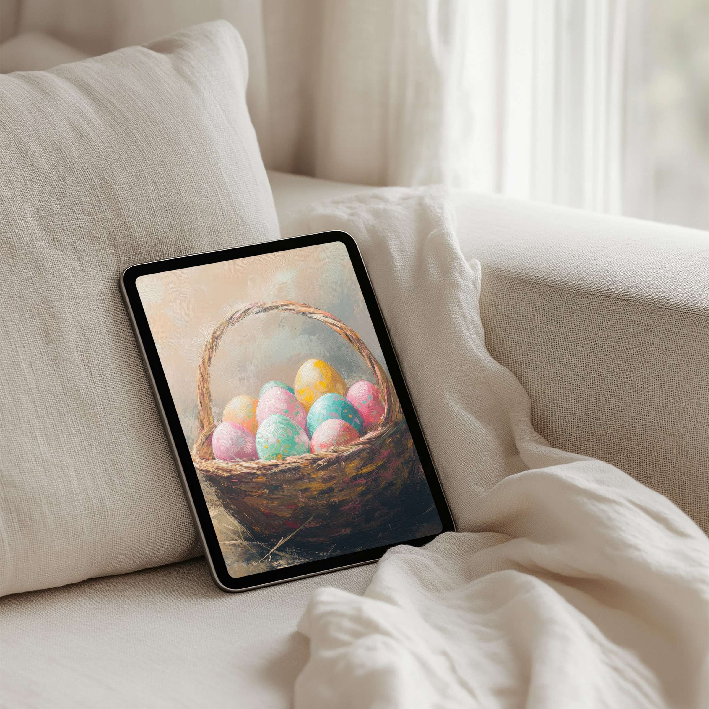 Calming pastel eggs in a rustic basket create a serene iPad background for instant download, perfect for any tablet user seeking elegance