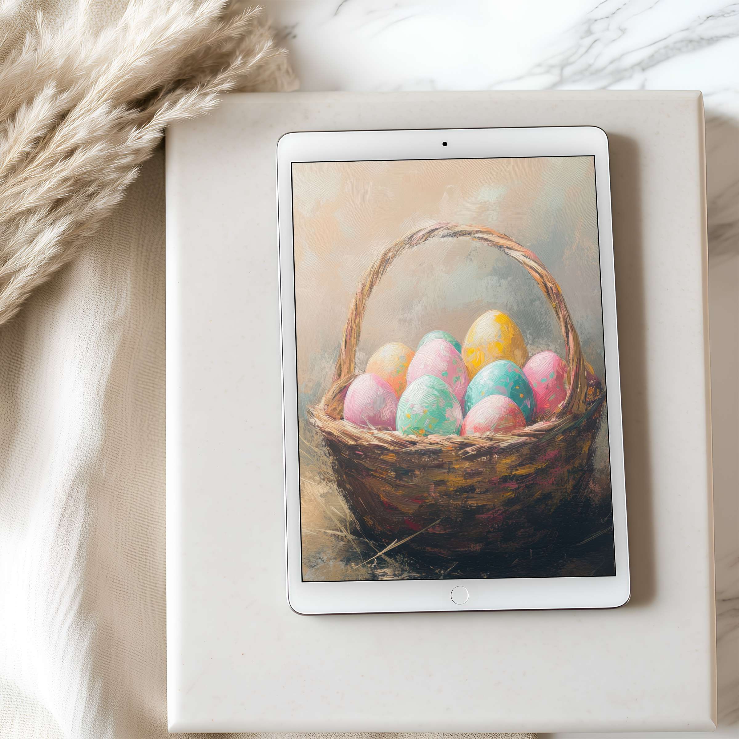Elegant tablet wallpaper featuring a high-resolution painting of pastel eggs in a basket, perfect for serene digital downloading