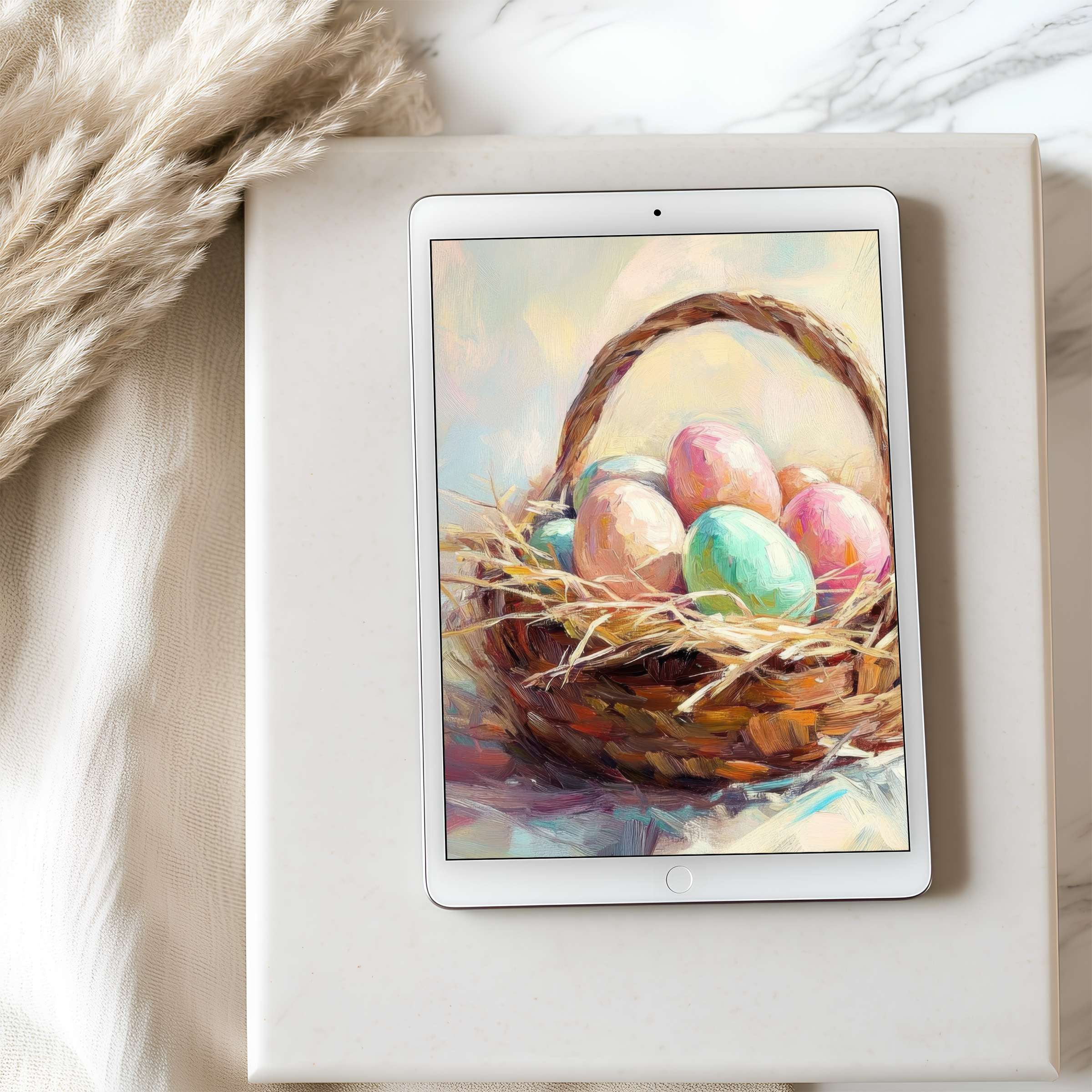 Elegant basket of pastel eggs in a curated digital art style, perfect tablet wallpaper for iPad and Android, inspiring serenity