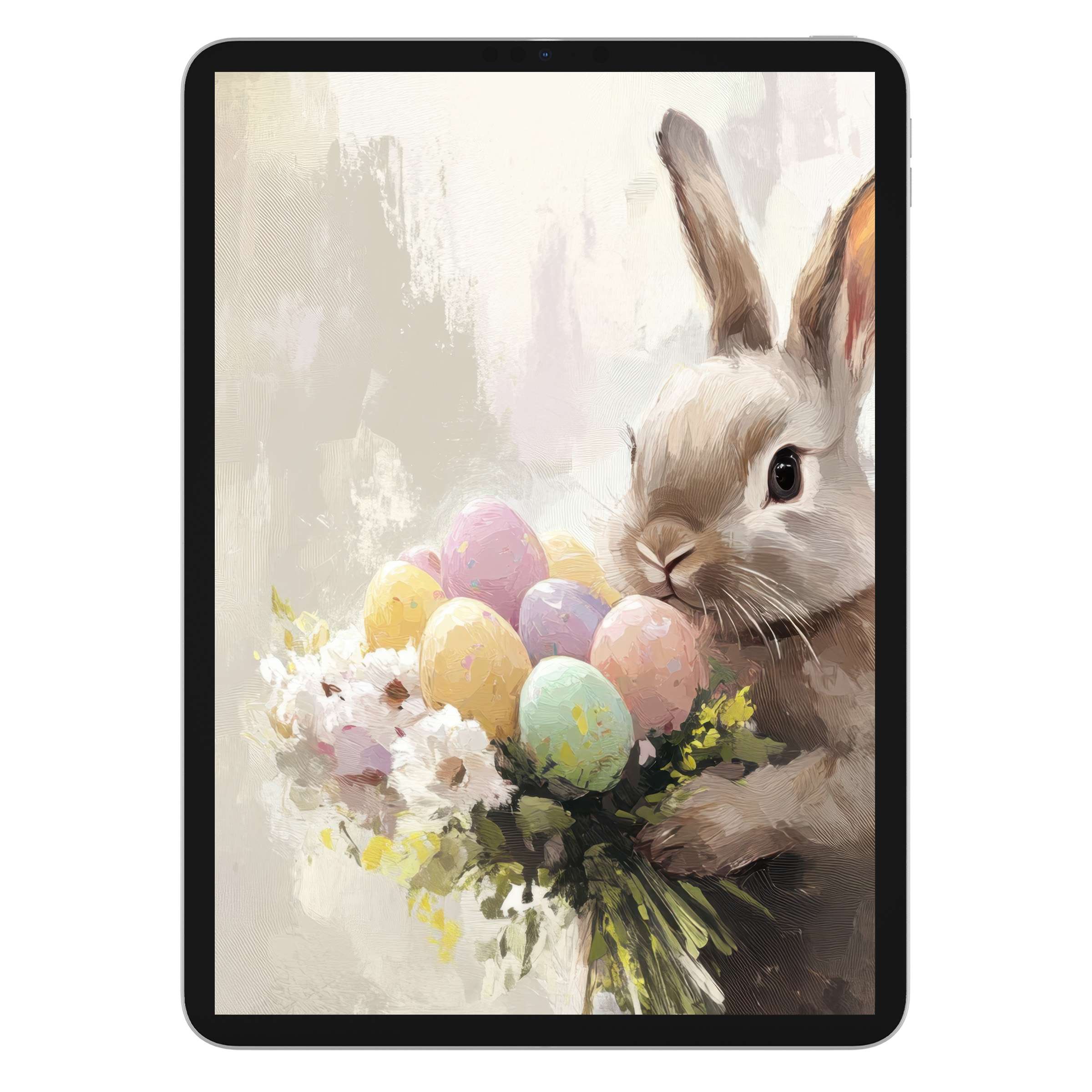 Elegant easter iPad wallpaper with soft pastel eggs and a gentle bunny, ideal digital download for tablet backgrounds, evoking tranquility