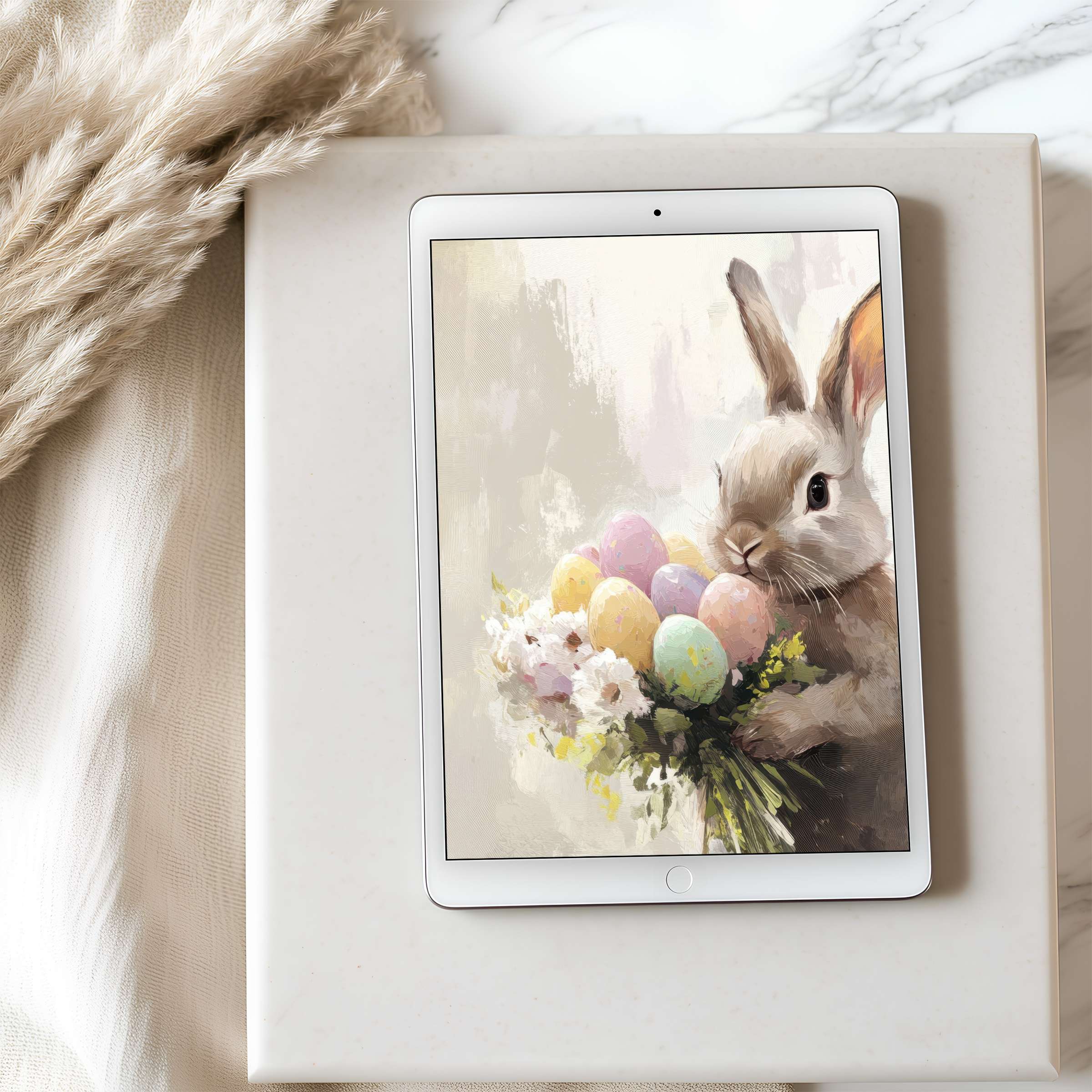 Elegant tablet wallpaper with a serene rabbit holding pastel eggs, perfect for iPad and Android tablets, offering calm and style